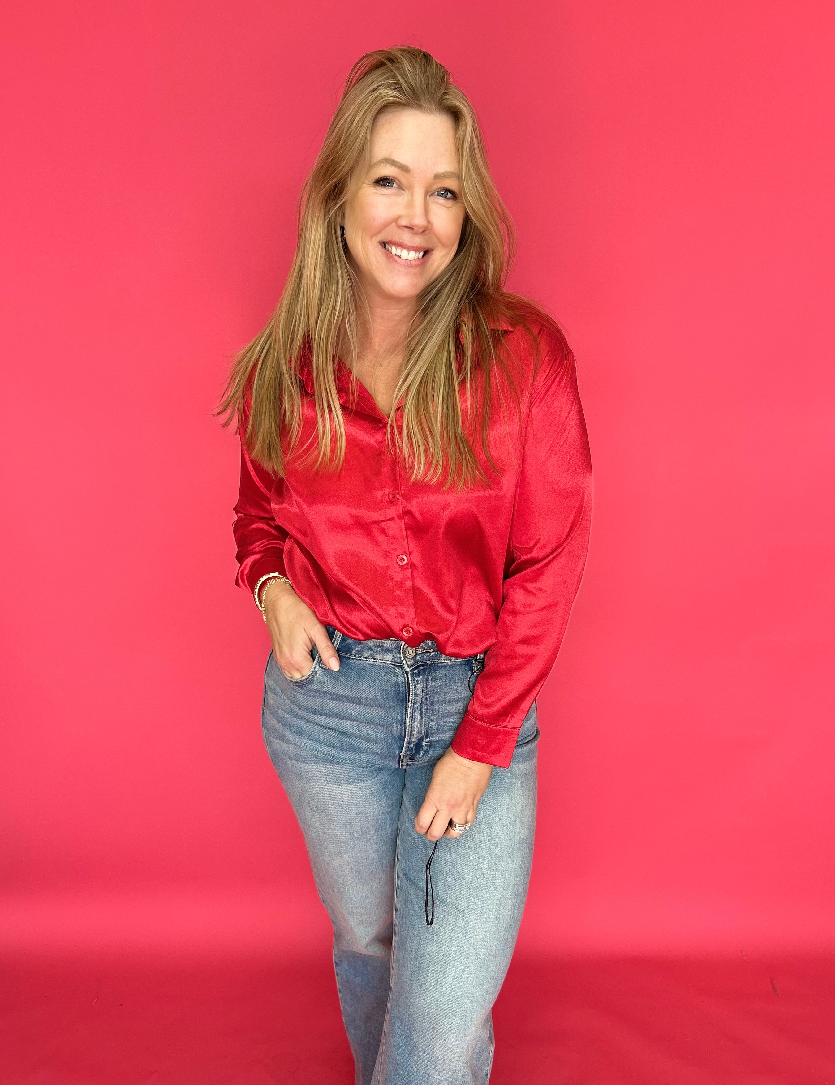 Sleek Satin Long Sleeve Button-Up Shirt in Red