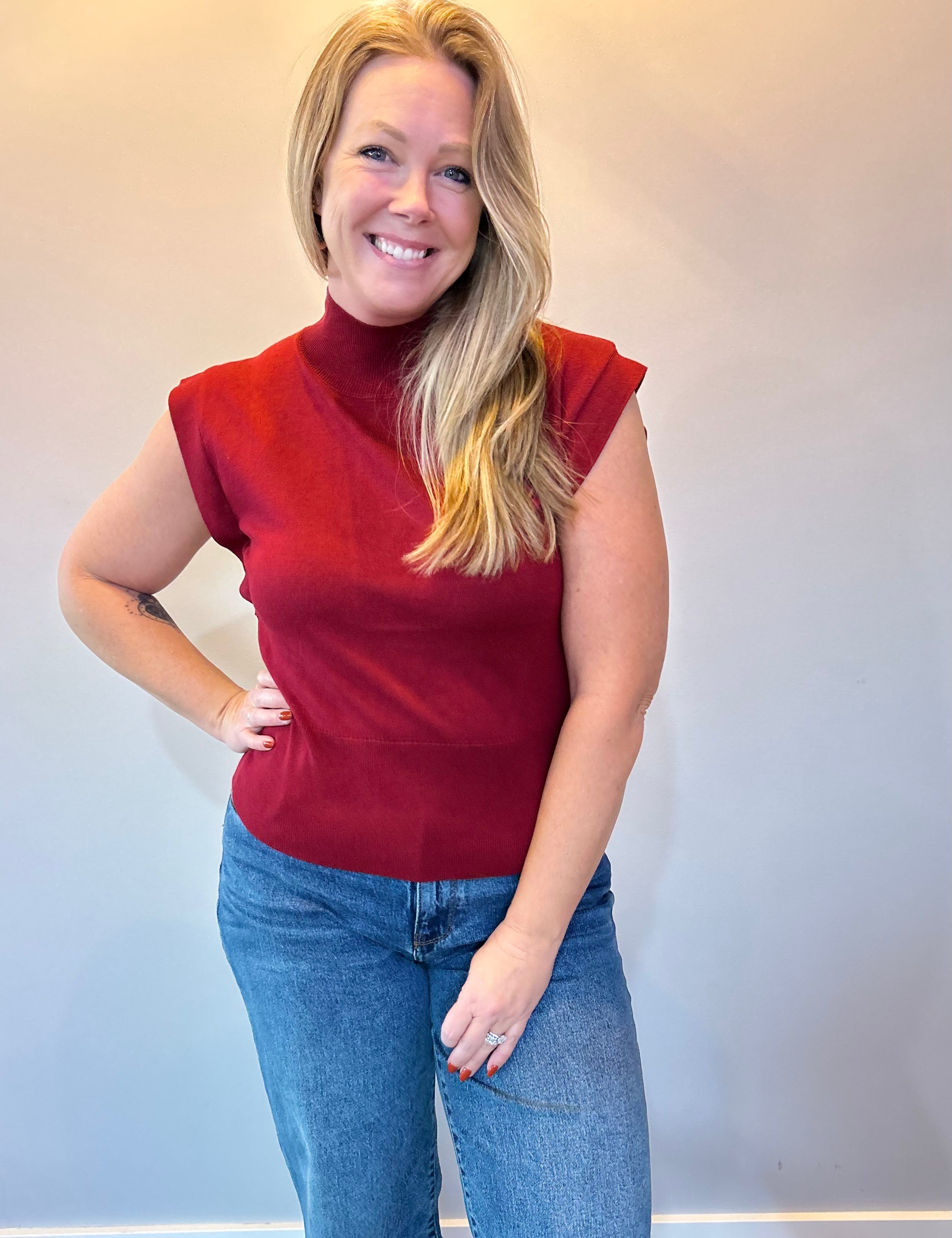 Sleek & Simple Mock Neck Knit Tank in Burgundy