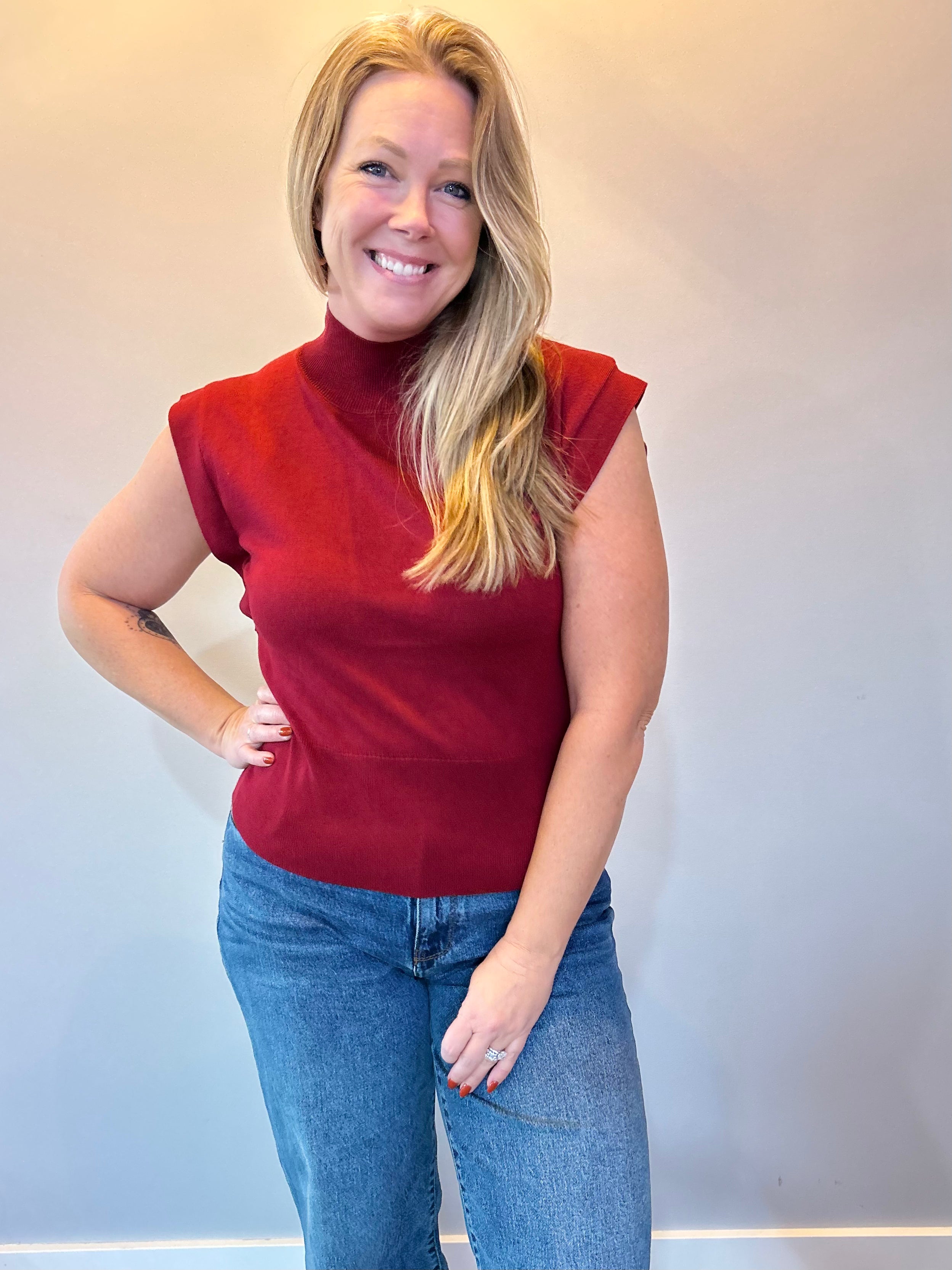 Sleek & Simple Mock Neck Knit Tank in Burgundy