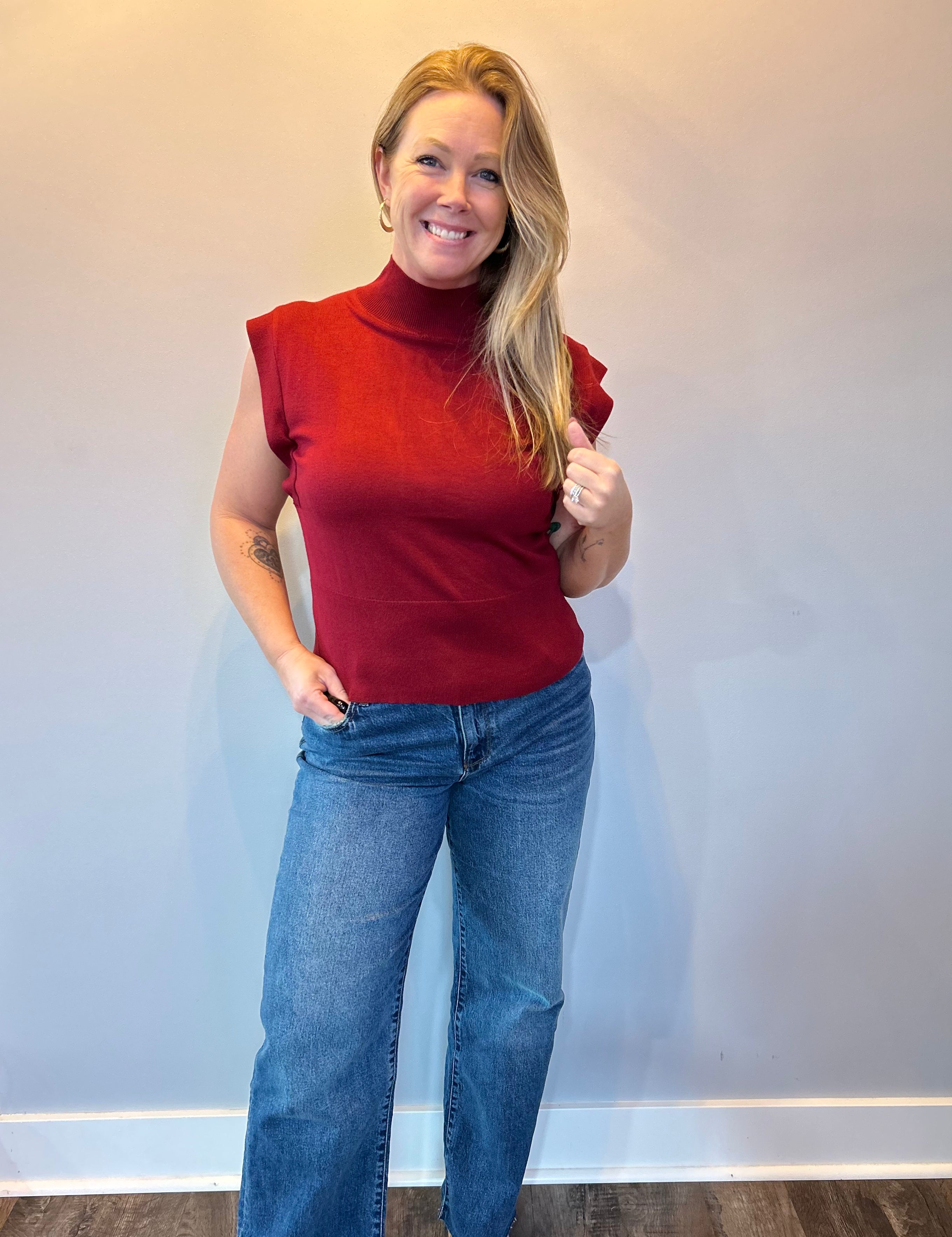 Sleek & Simple Mock Neck Knit Tank in Burgundy