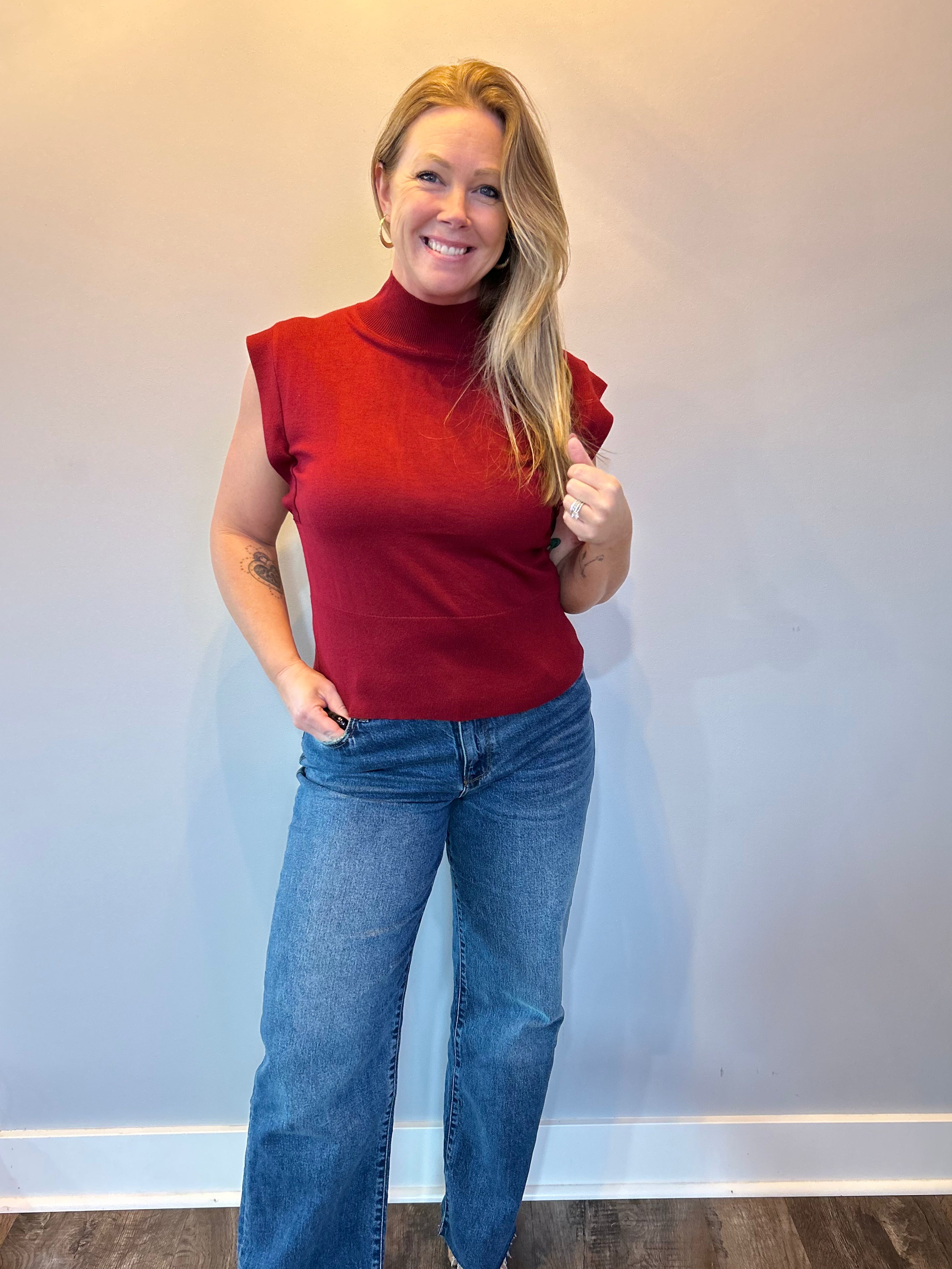 Sleek & Simple Mock Neck Knit Tank in Burgundy