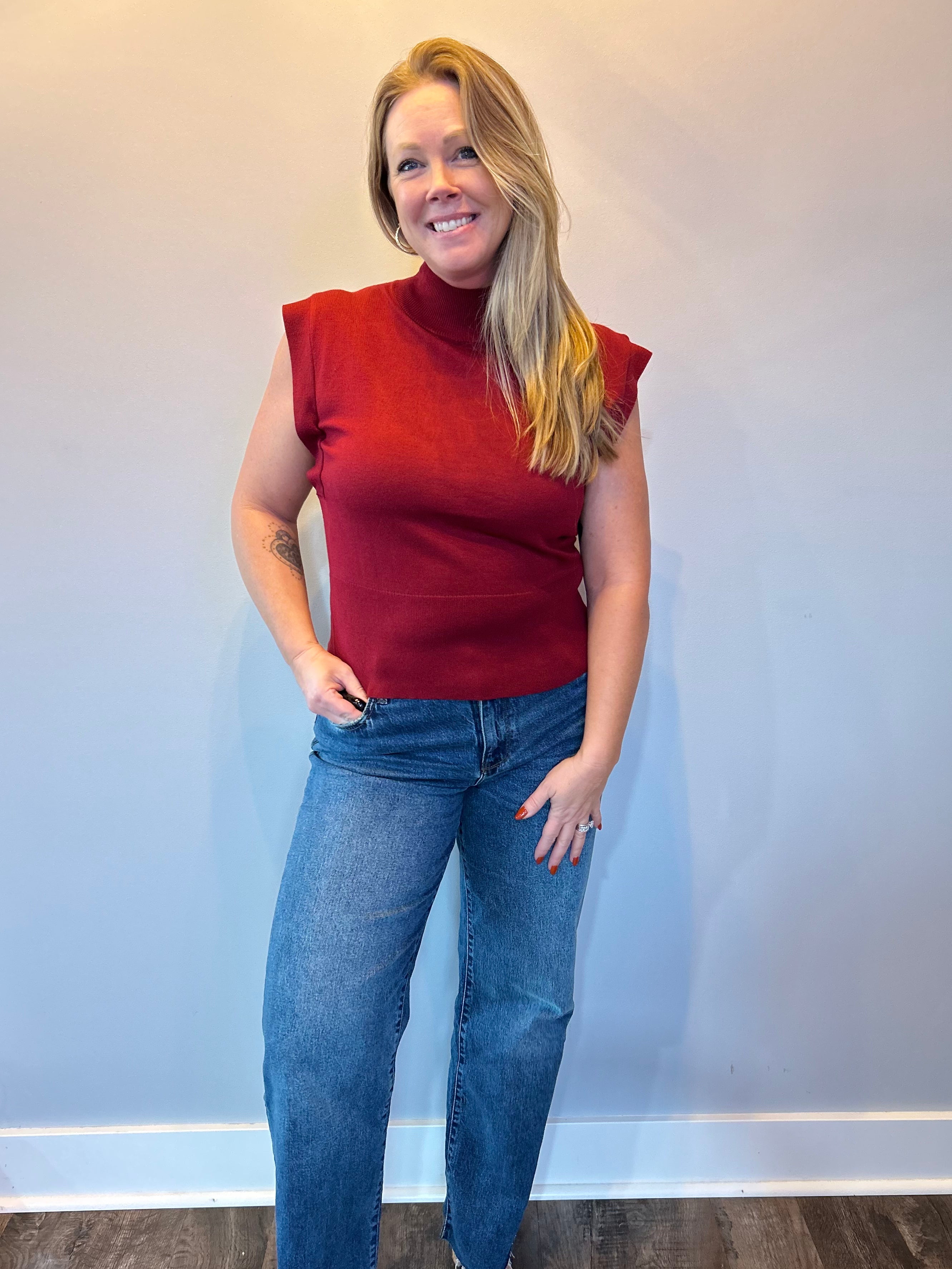 Sleek & Simple Mock Neck Knit Tank in Burgundy