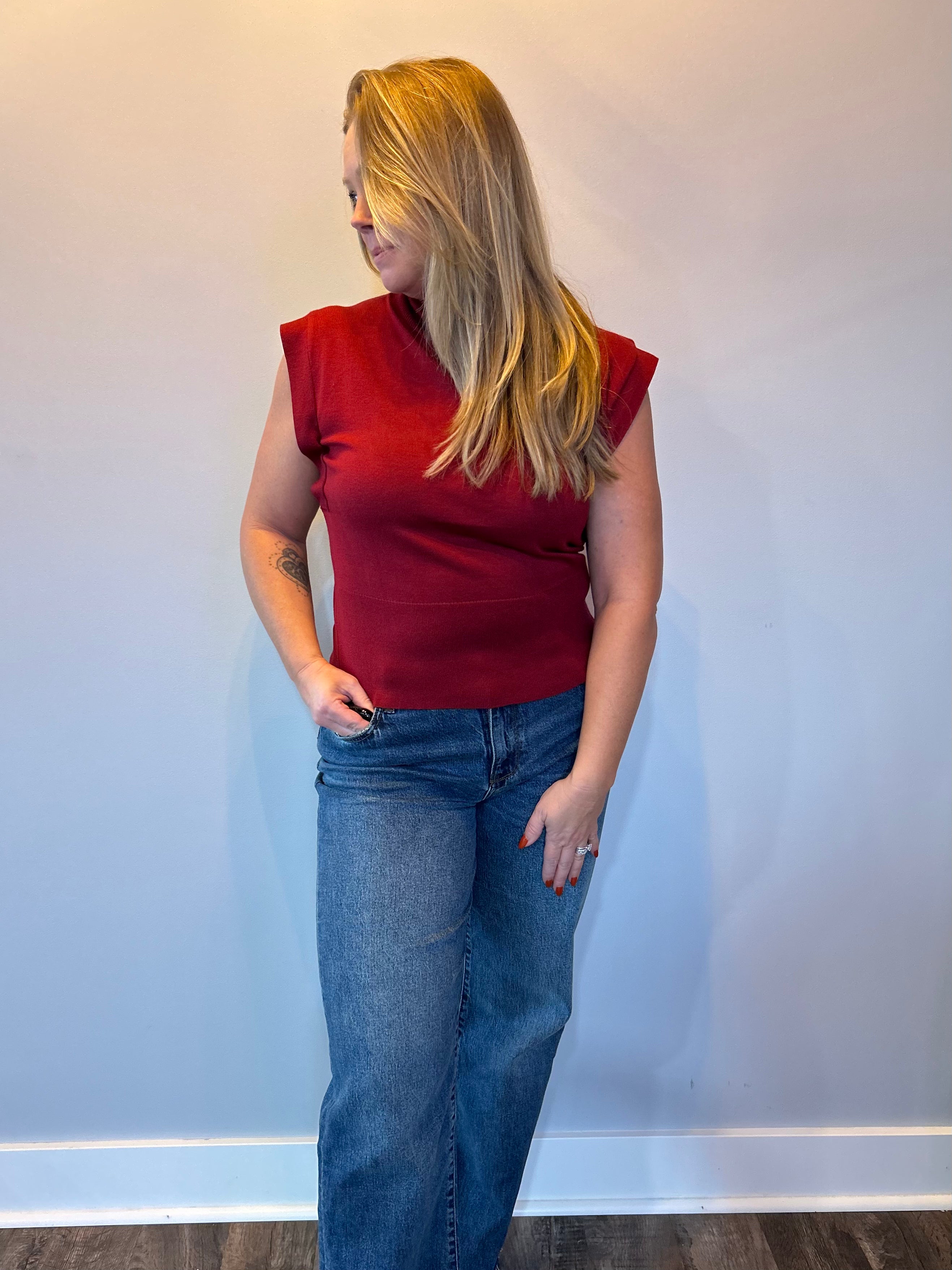 Sleek & Simple Mock Neck Knit Tank in Burgundy