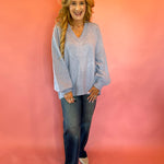 Slouch & Style V-Neck Ribbed Mock Neck Tunic Sweater