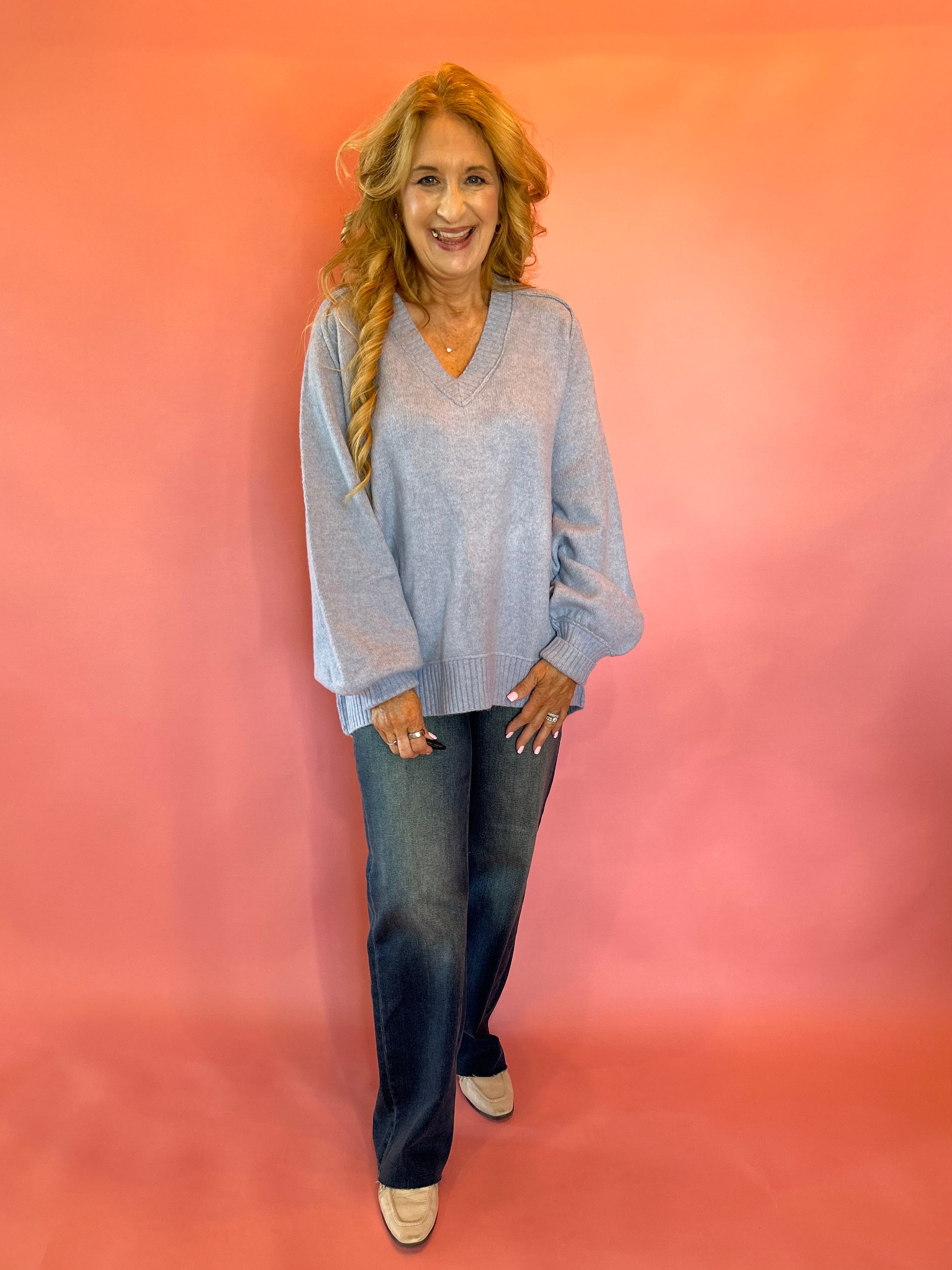 Slouch & Style V-Neck Ribbed Mock Neck Tunic Sweater