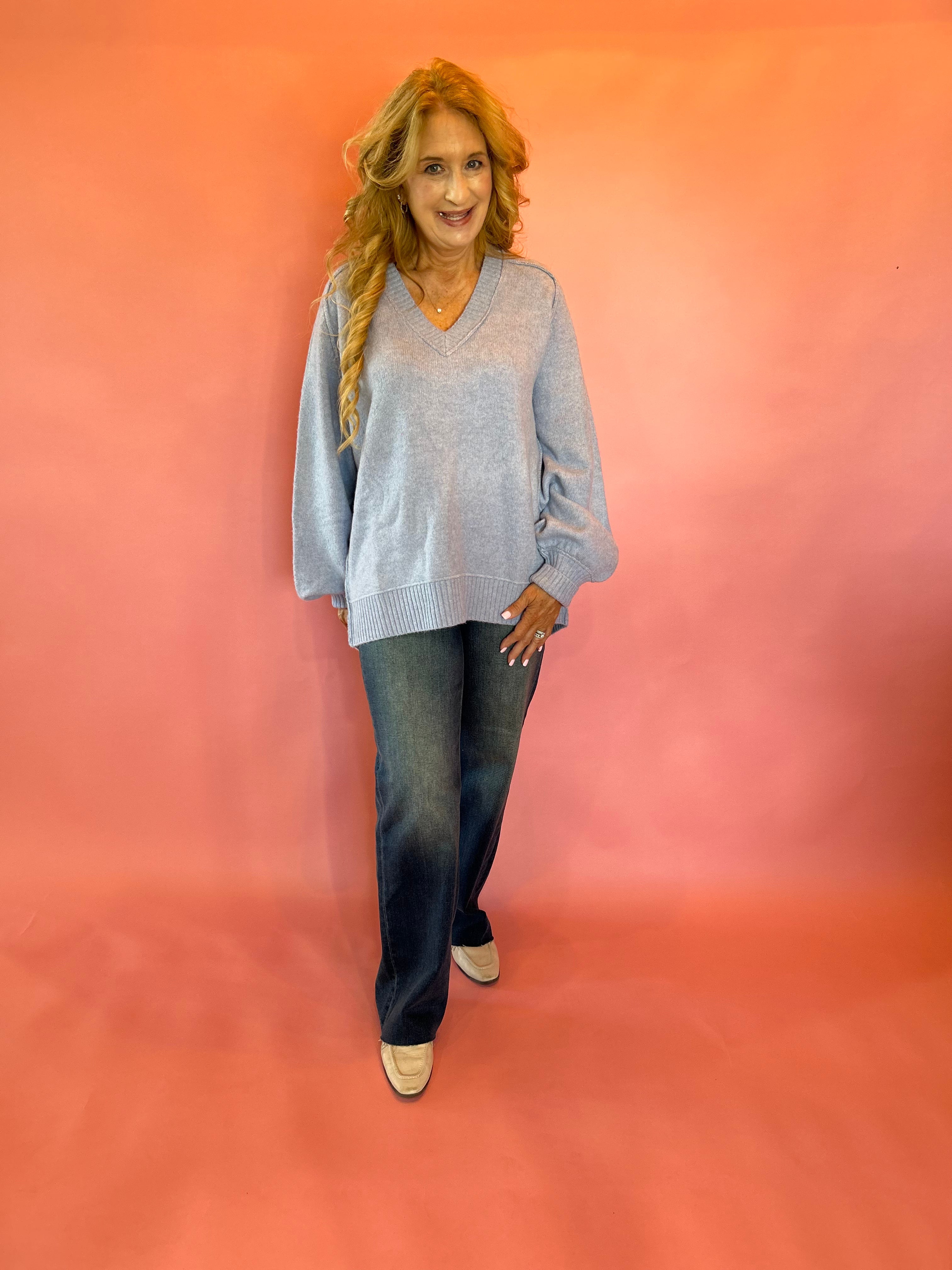 Slouch & Style V-Neck Ribbed Mock Neck Tunic Sweater