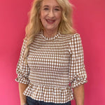 Smocked Waist Gingham Peplum Top