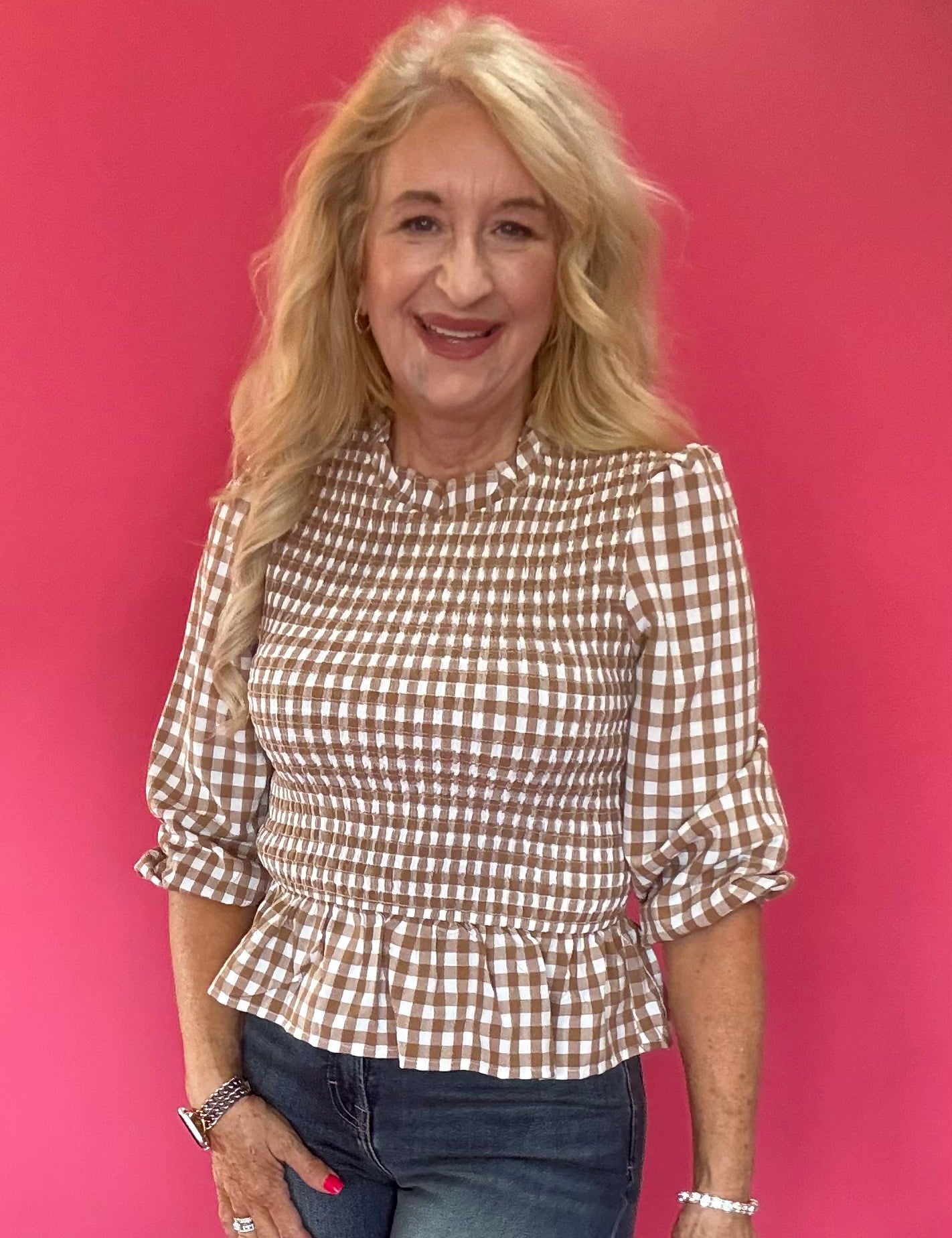 Smocked Waist Gingham Peplum Top