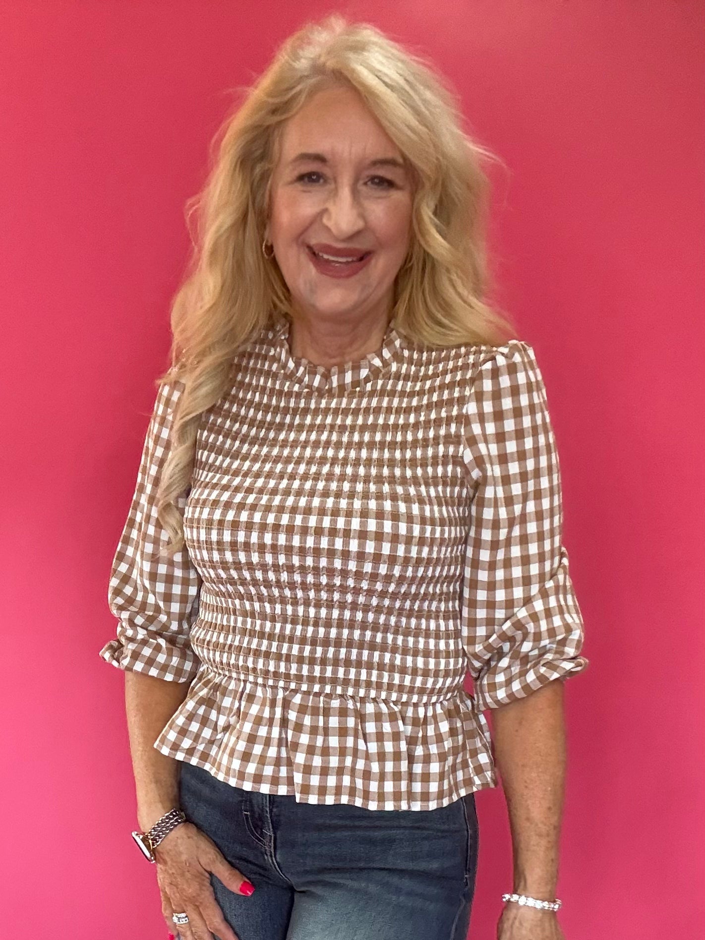 Smocked Waist Gingham Peplum Top