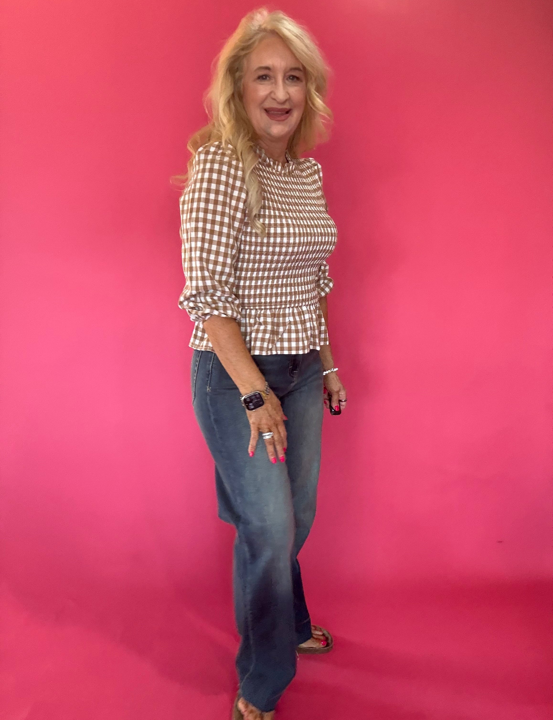 Smocked Waist Gingham Peplum Top