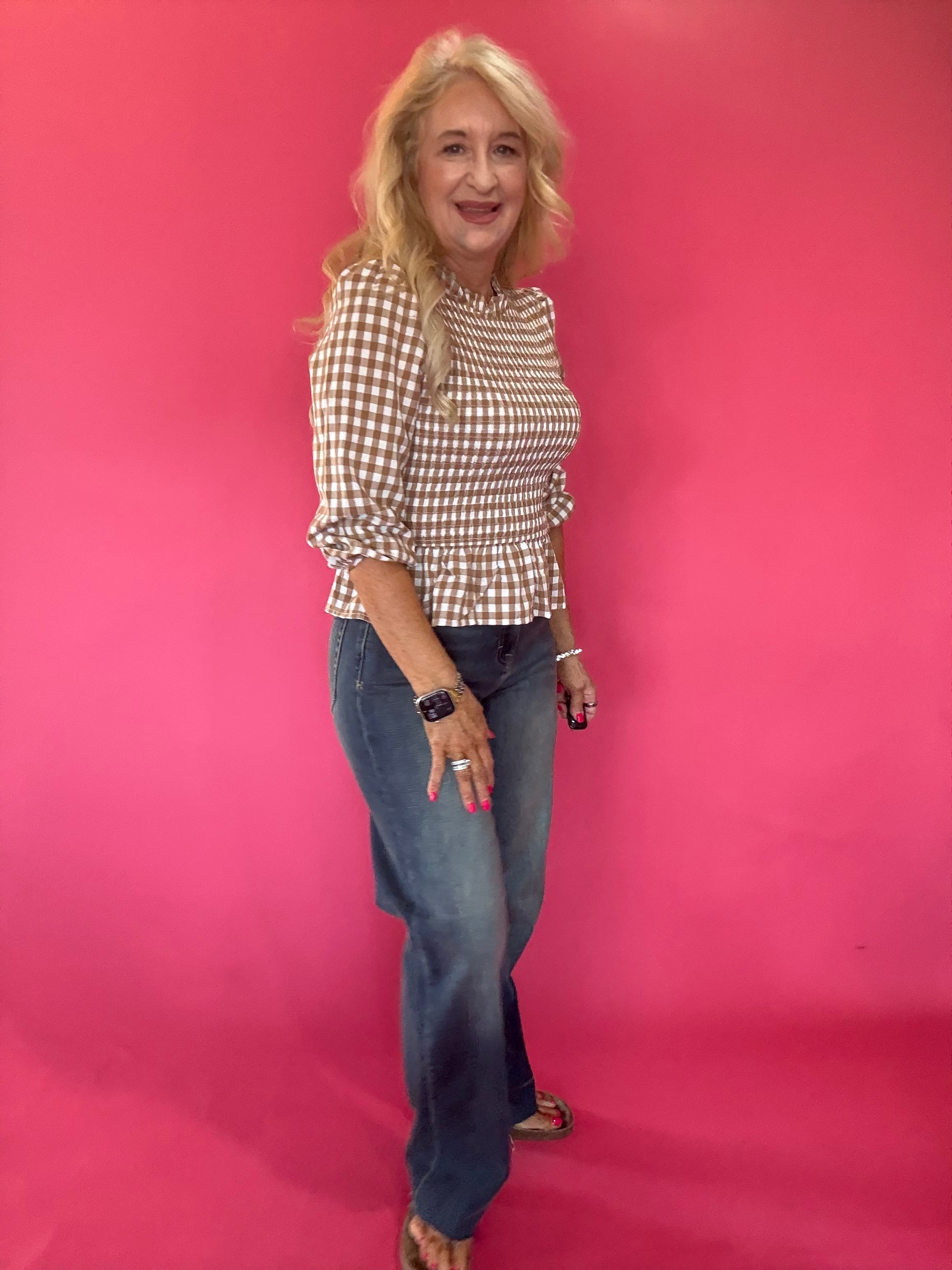 Smocked Waist Gingham Peplum Top