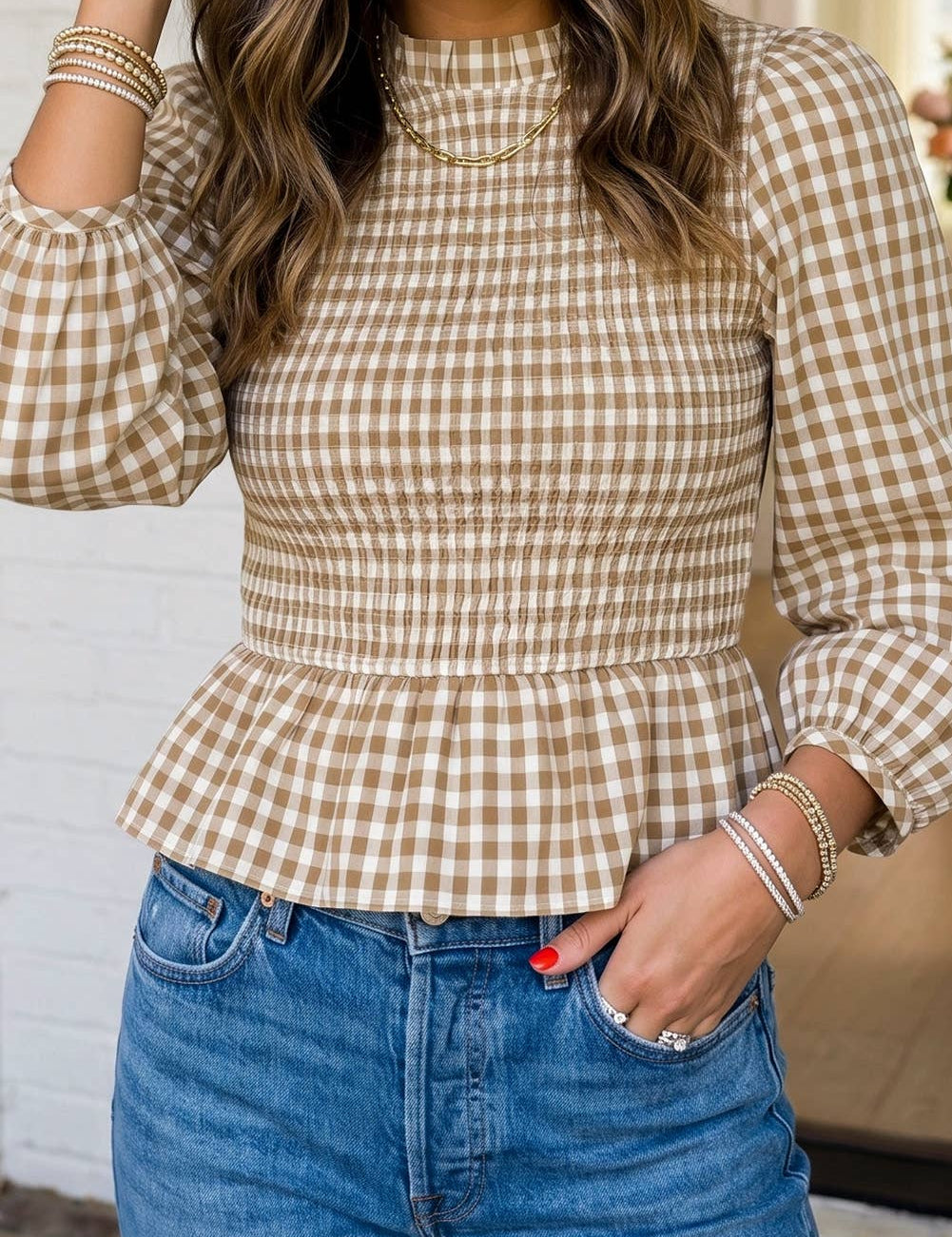 Smocked Waist Gingham Peplum Top