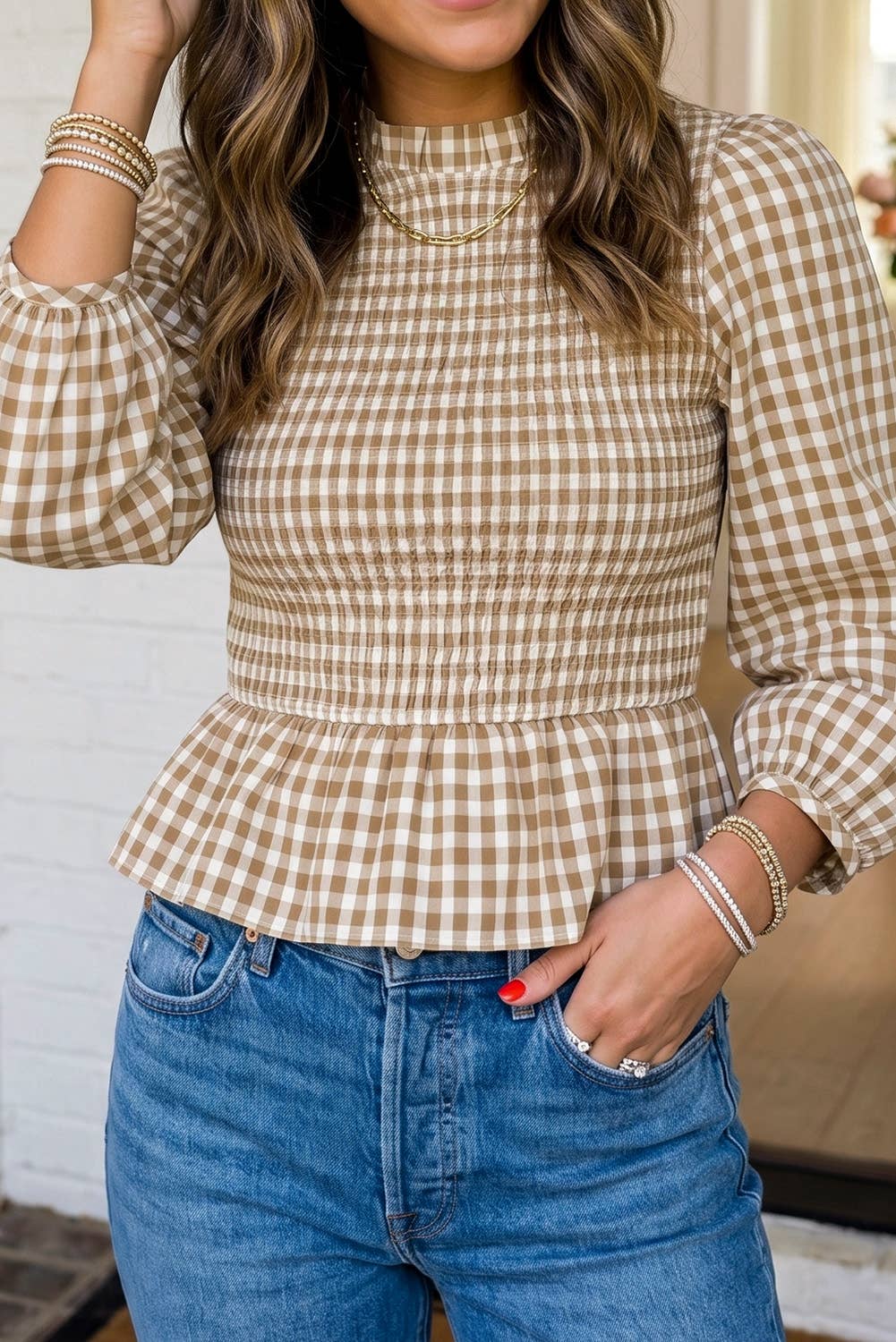 Smocked Waist Gingham Peplum Top