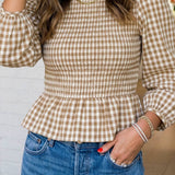 Smocked Waist Gingham Peplum Top