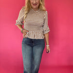 Smocked Waist Gingham Peplum Top