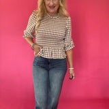 Smocked Waist Gingham Peplum Top
