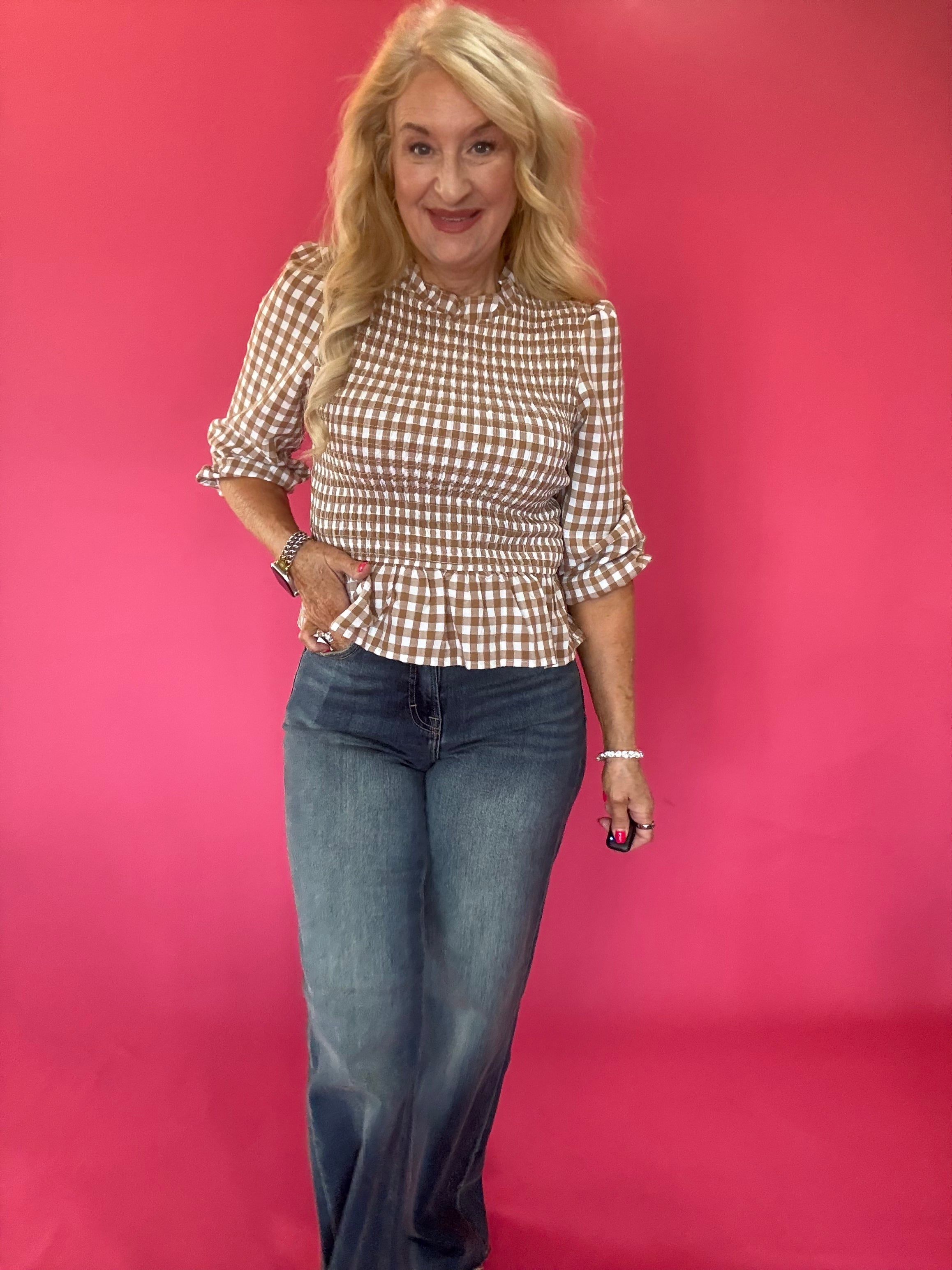 Smocked Waist Gingham Peplum Top