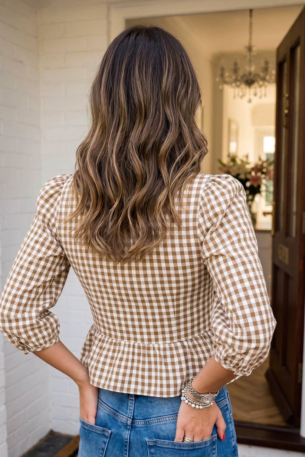 Smocked Waist Gingham Peplum Top