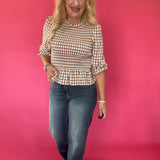 Smocked Waist Gingham Peplum Top