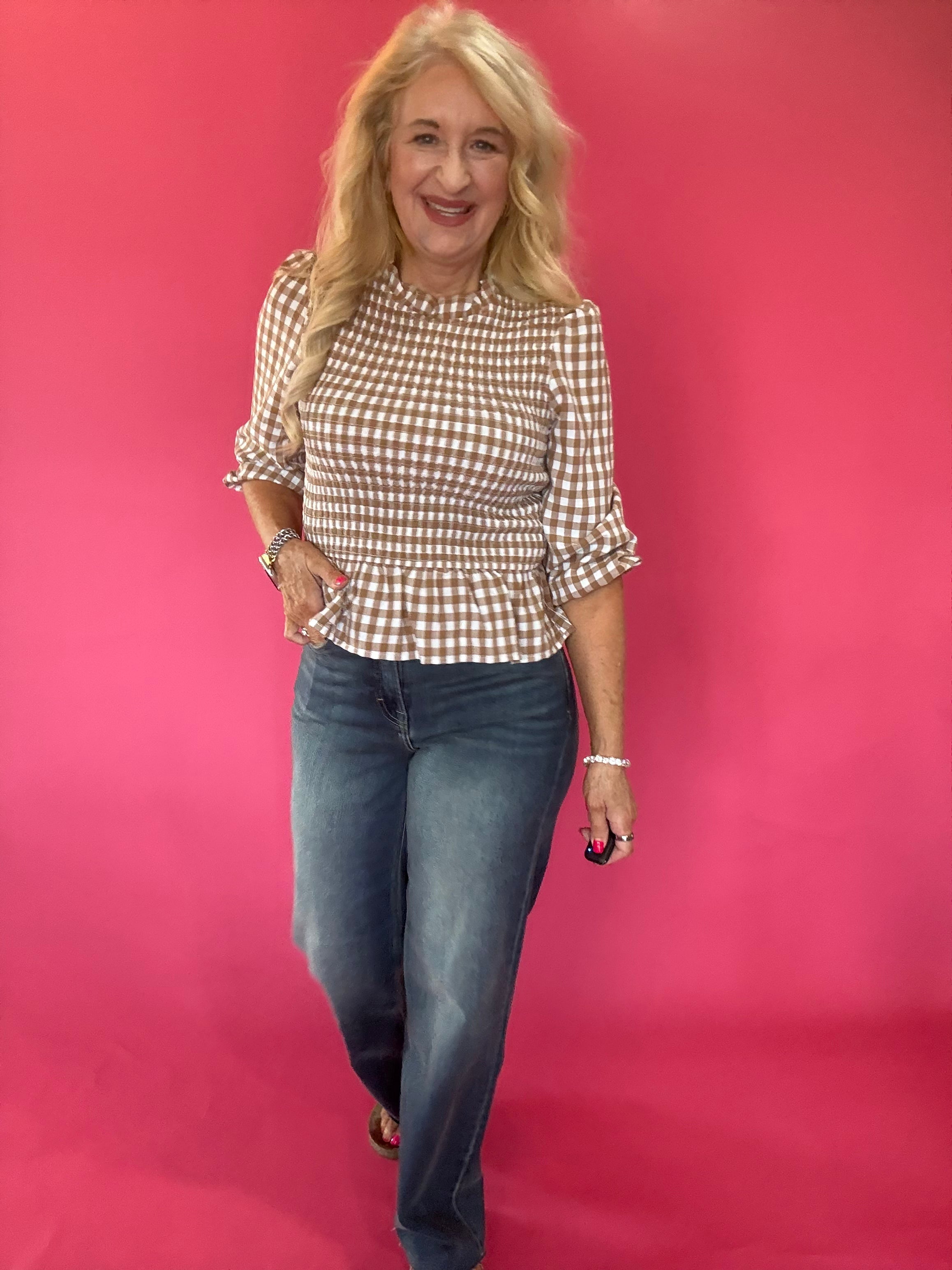 Smocked Waist Gingham Peplum Top
