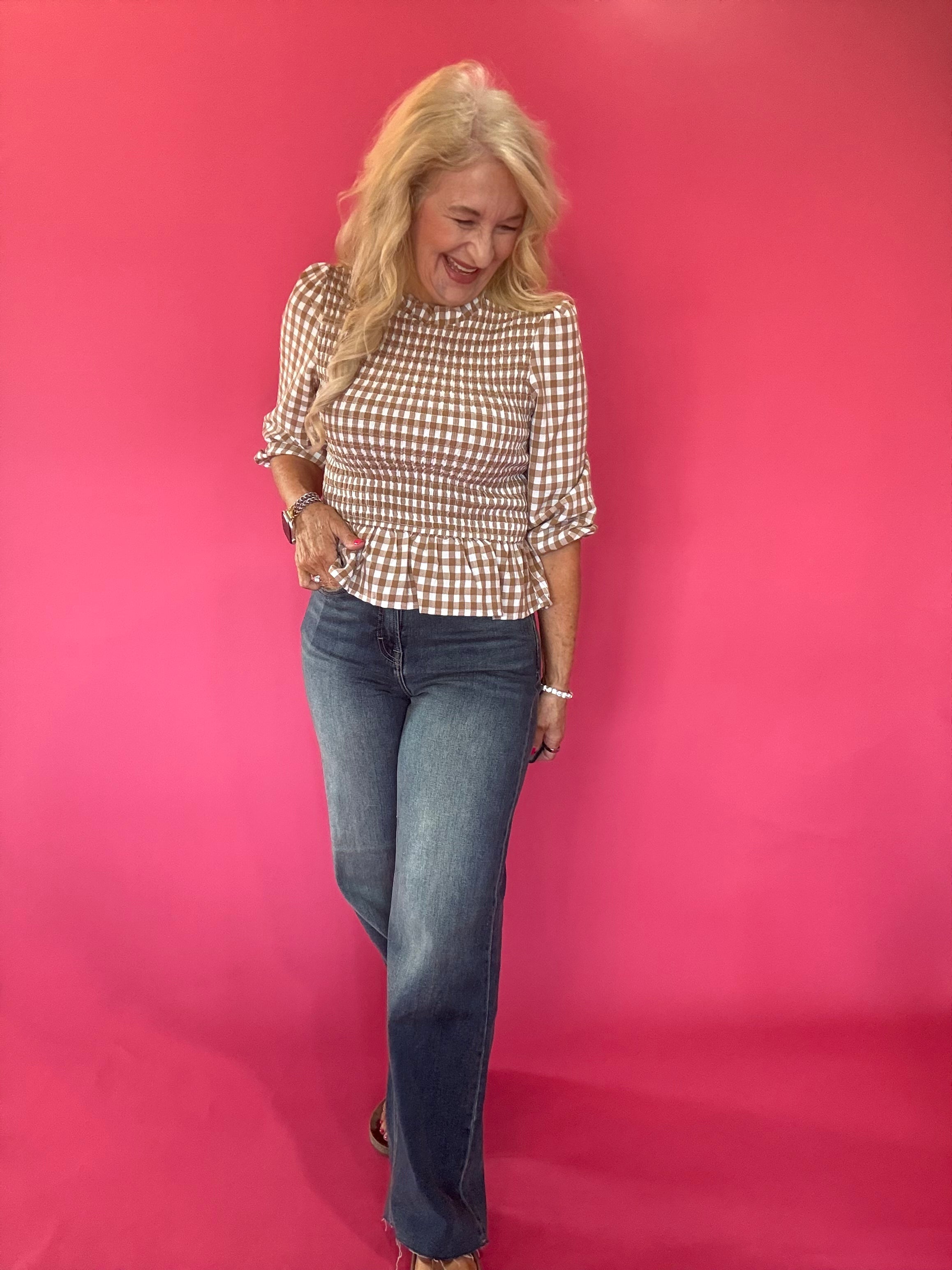 Smocked Waist Gingham Peplum Top