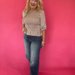 Smocked Waist Gingham Peplum Top