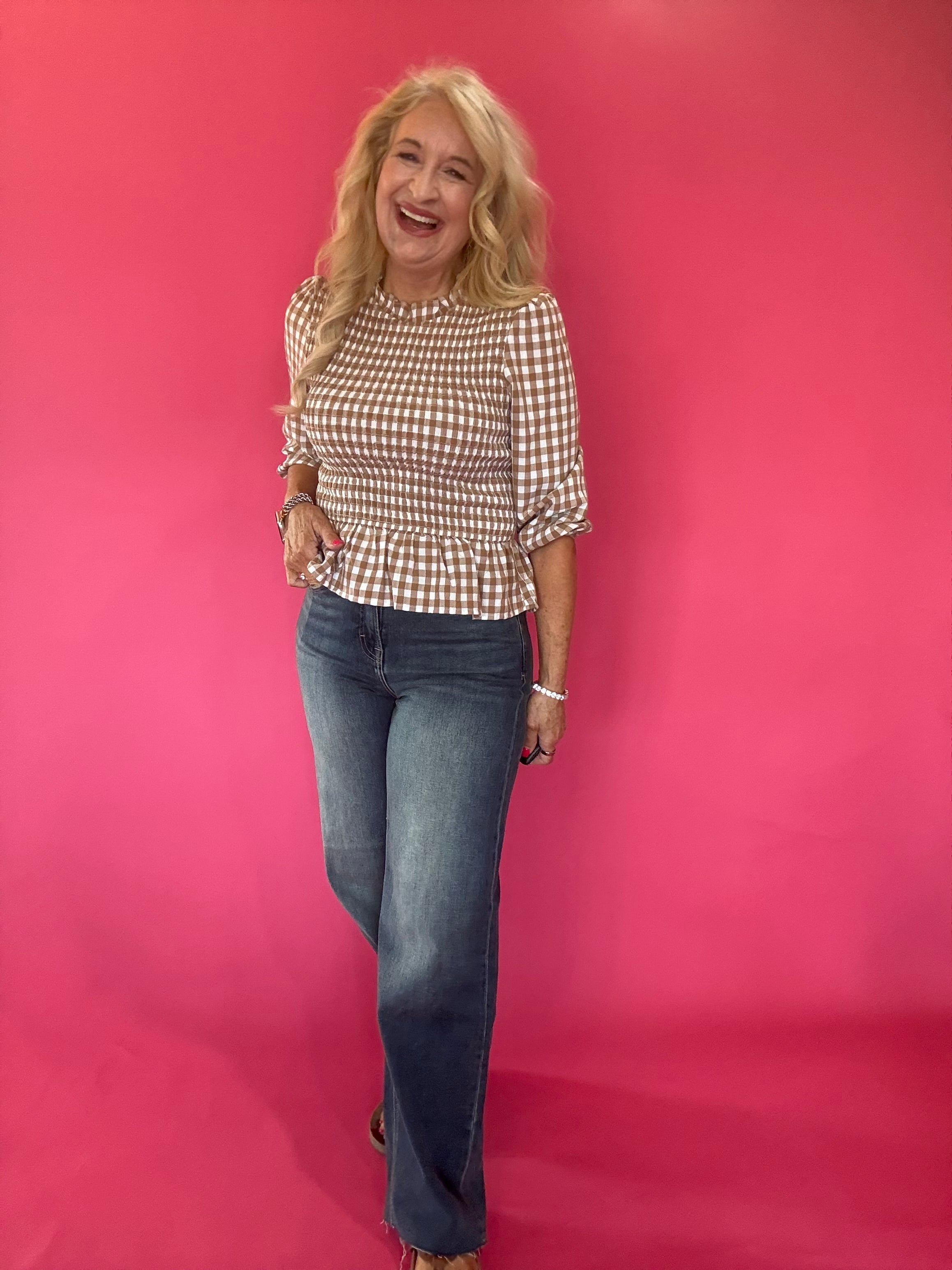 Smocked Waist Gingham Peplum Top