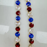 Close-up of the crystal detail and antique gold plated links on the Sofia necklace in 4th of July mix