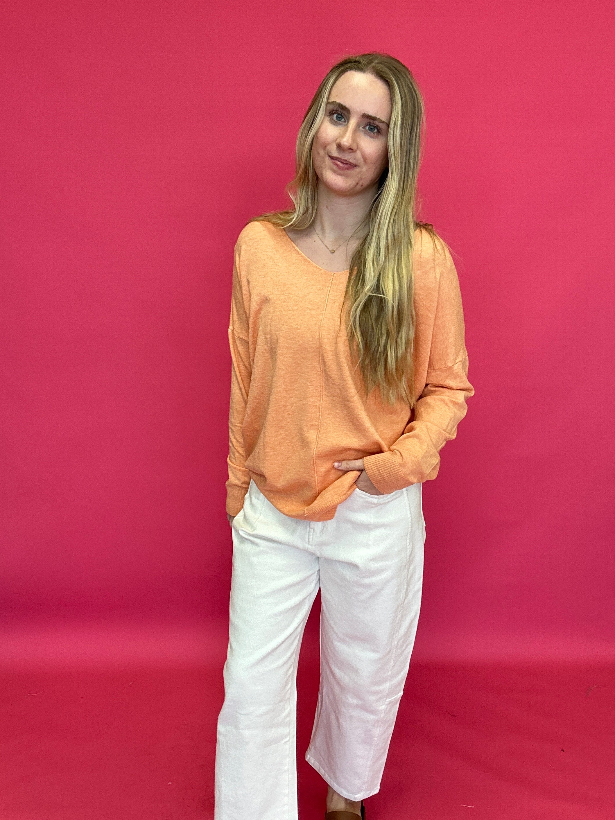 Soft Glow V-Neck Tunic Sweater in Coral - Shabby 2 Chic Boutiques