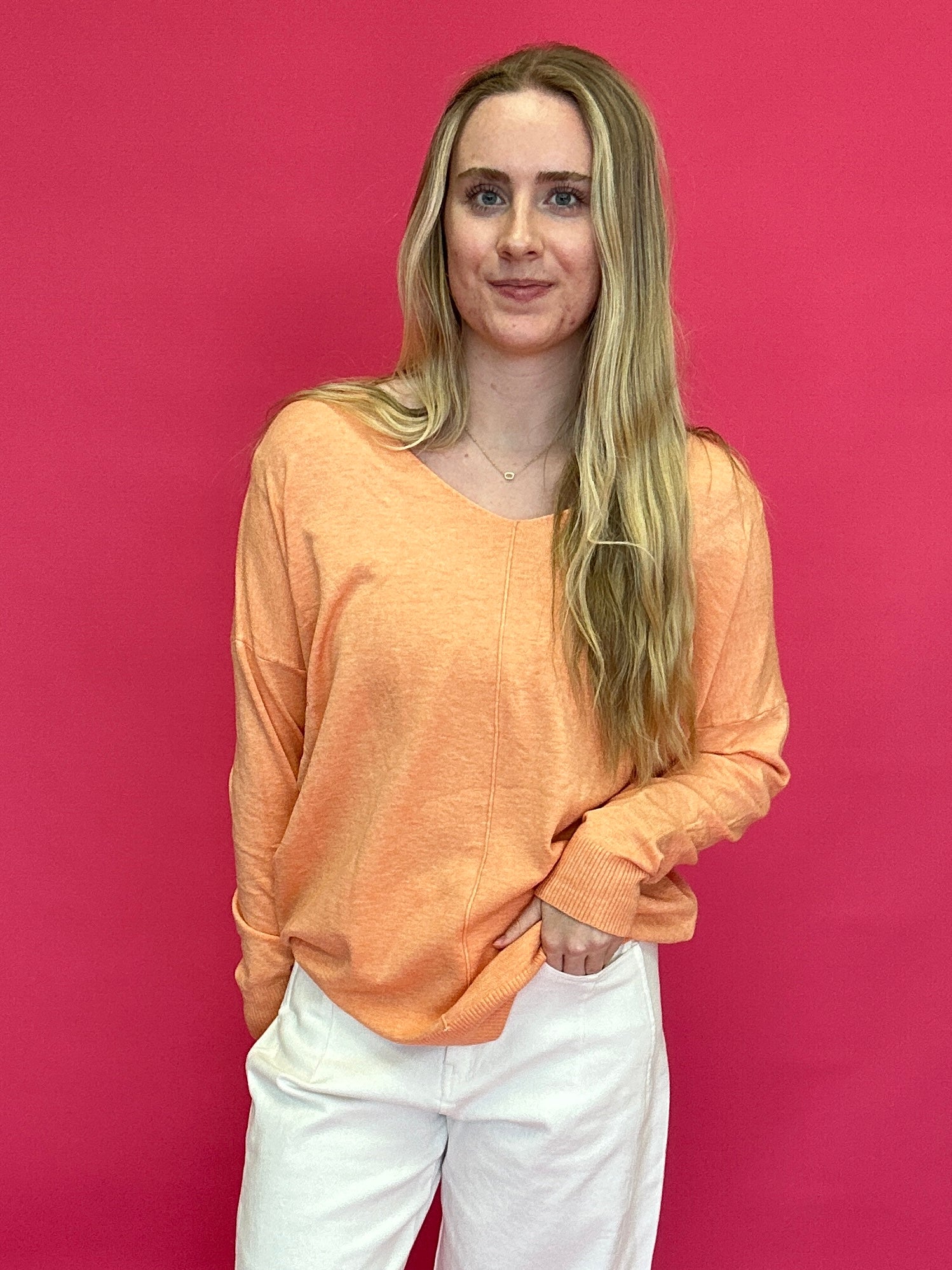 Soft Glow V-Neck Tunic Sweater in Coral - Shabby 2 Chic Boutiques