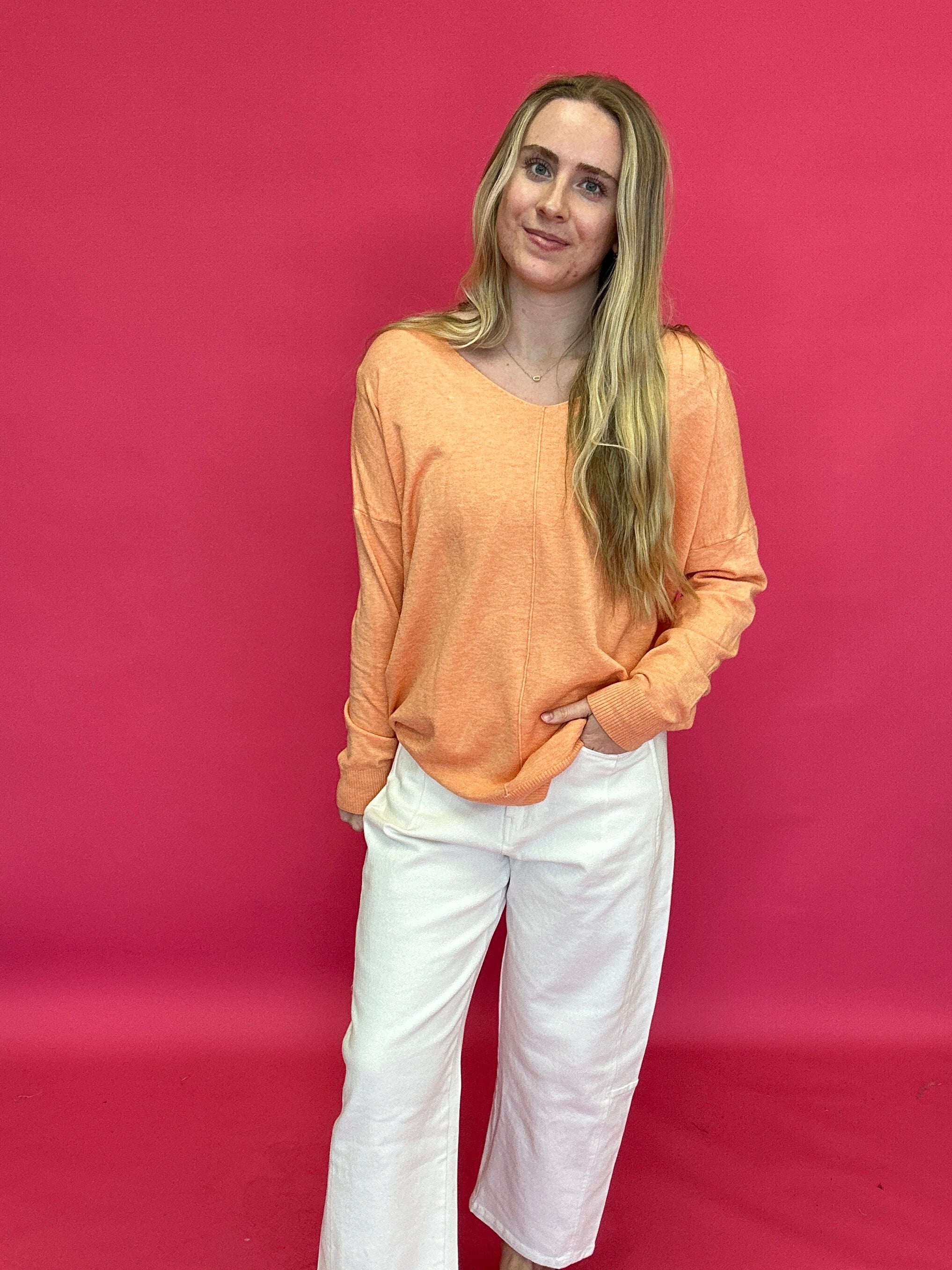Soft Glow V-Neck Tunic Sweater in Coral - Shabby 2 Chic Boutiques