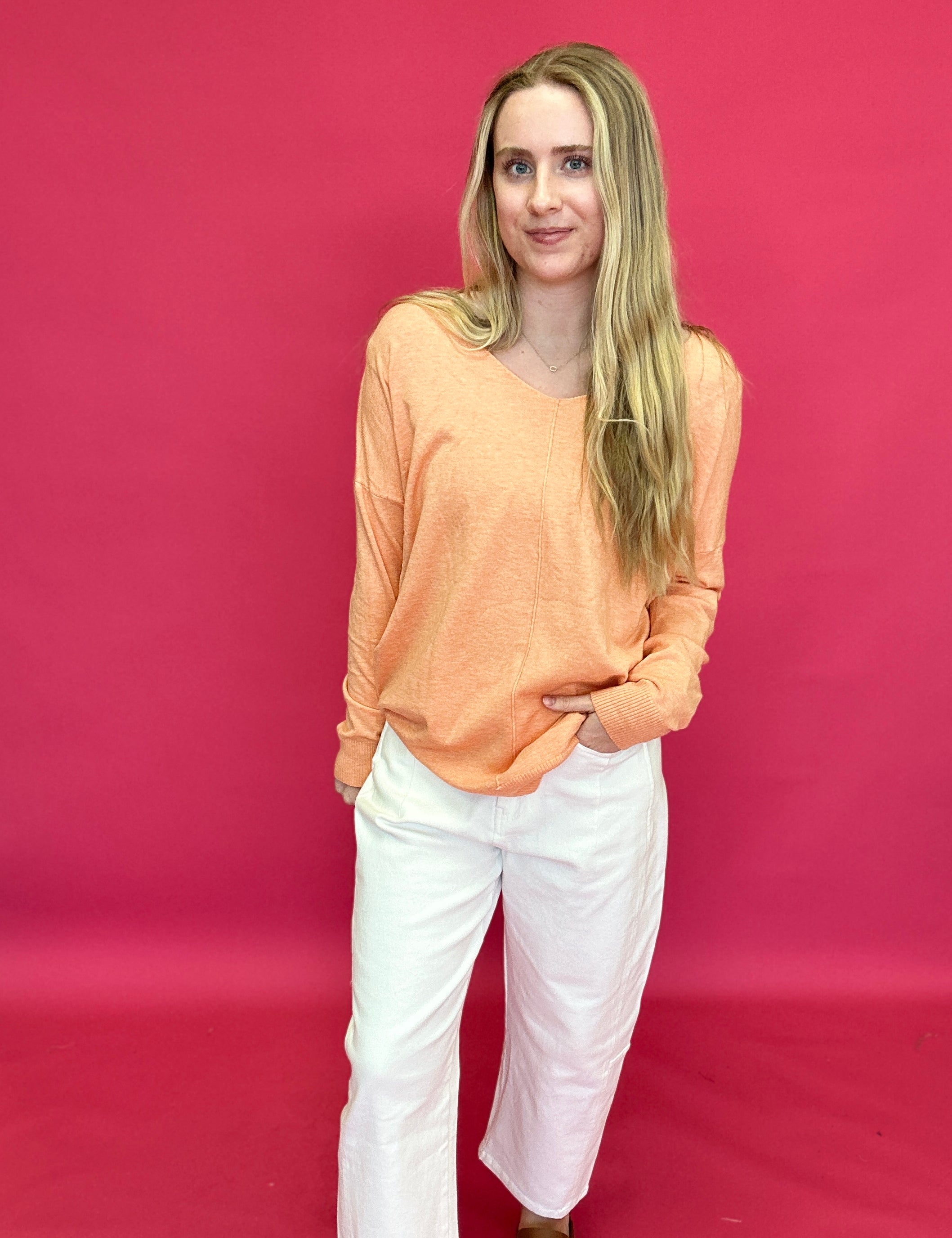 Soft Glow V-Neck Tunic Sweater in Coral - Shabby 2 Chic Boutiques