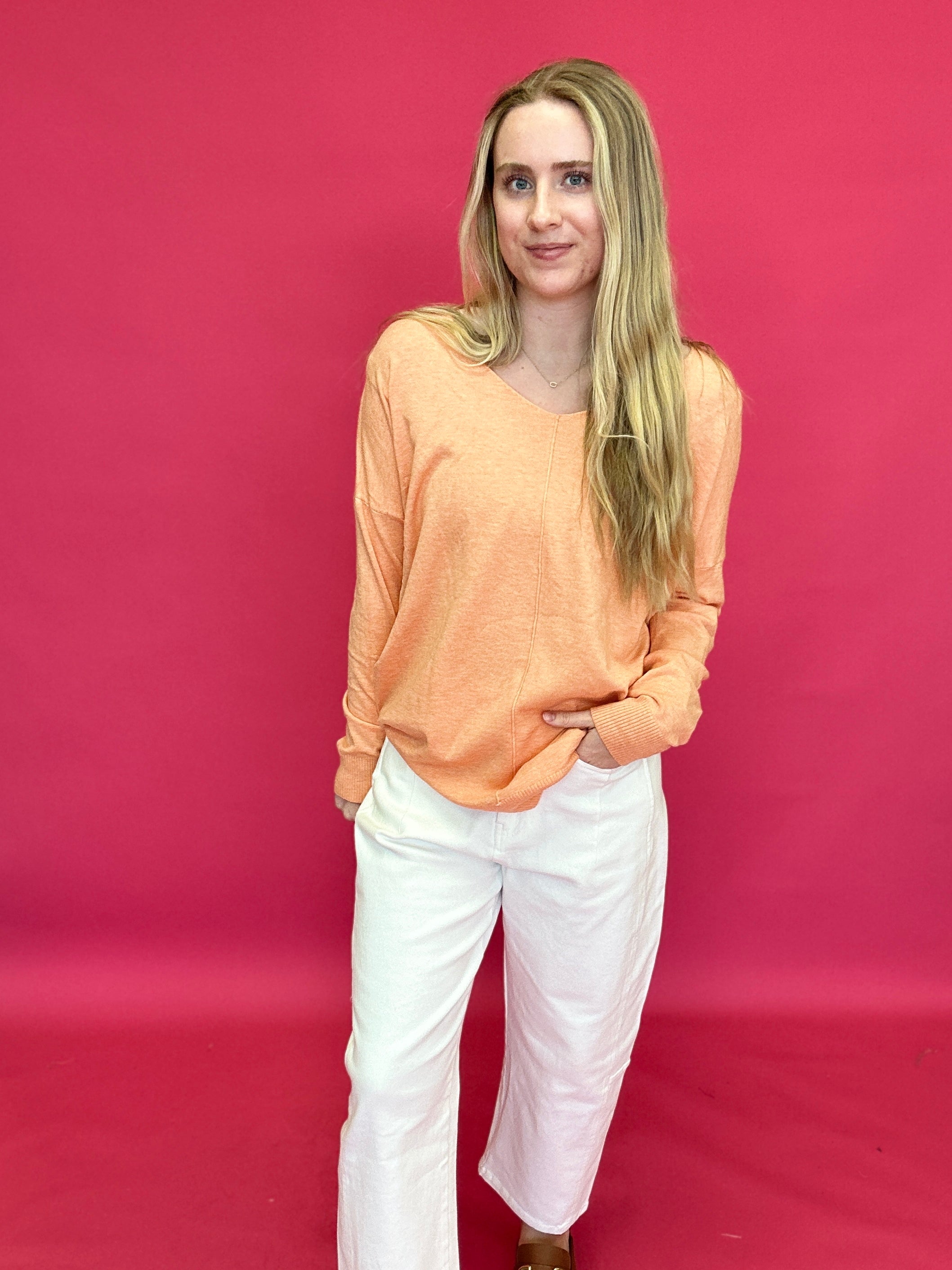 Soft Glow V-Neck Tunic Sweater in Coral - Shabby 2 Chic Boutiques