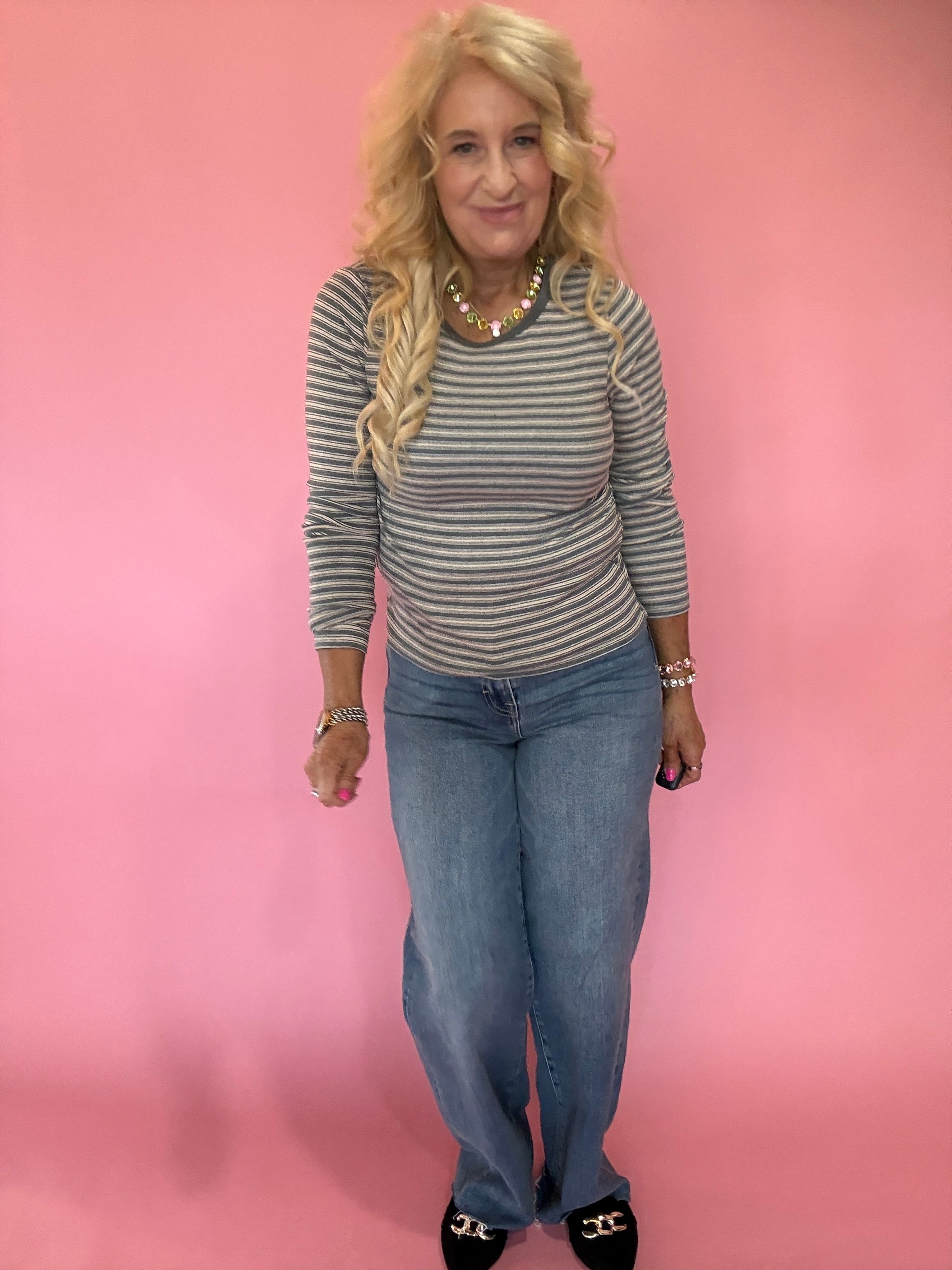 Soft Stripe Fitted Crewneck Top in Grey