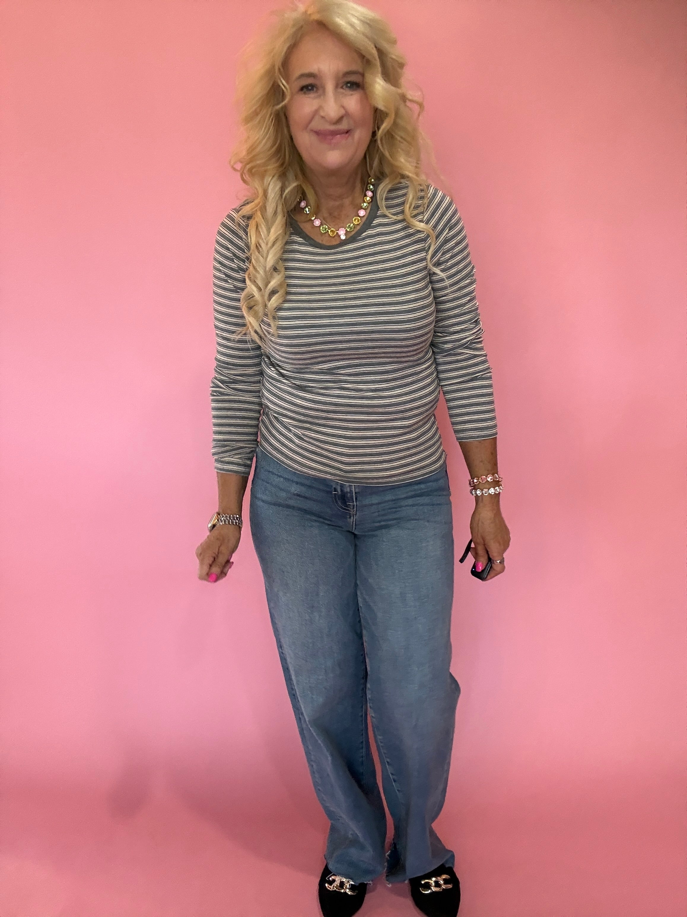 Soft Stripe Fitted Crewneck Top in Grey