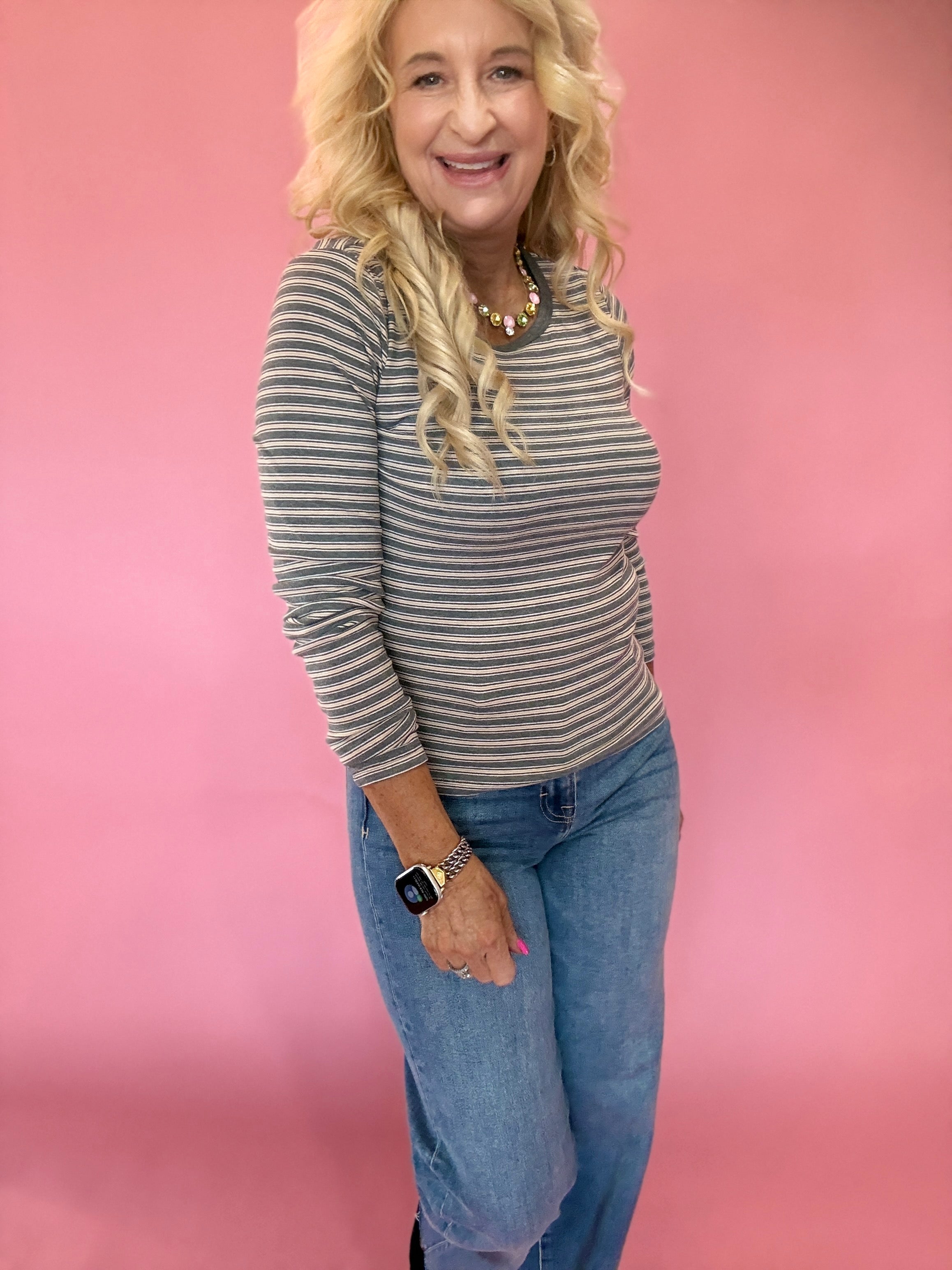 Soft Stripe Fitted Crewneck Top in Grey