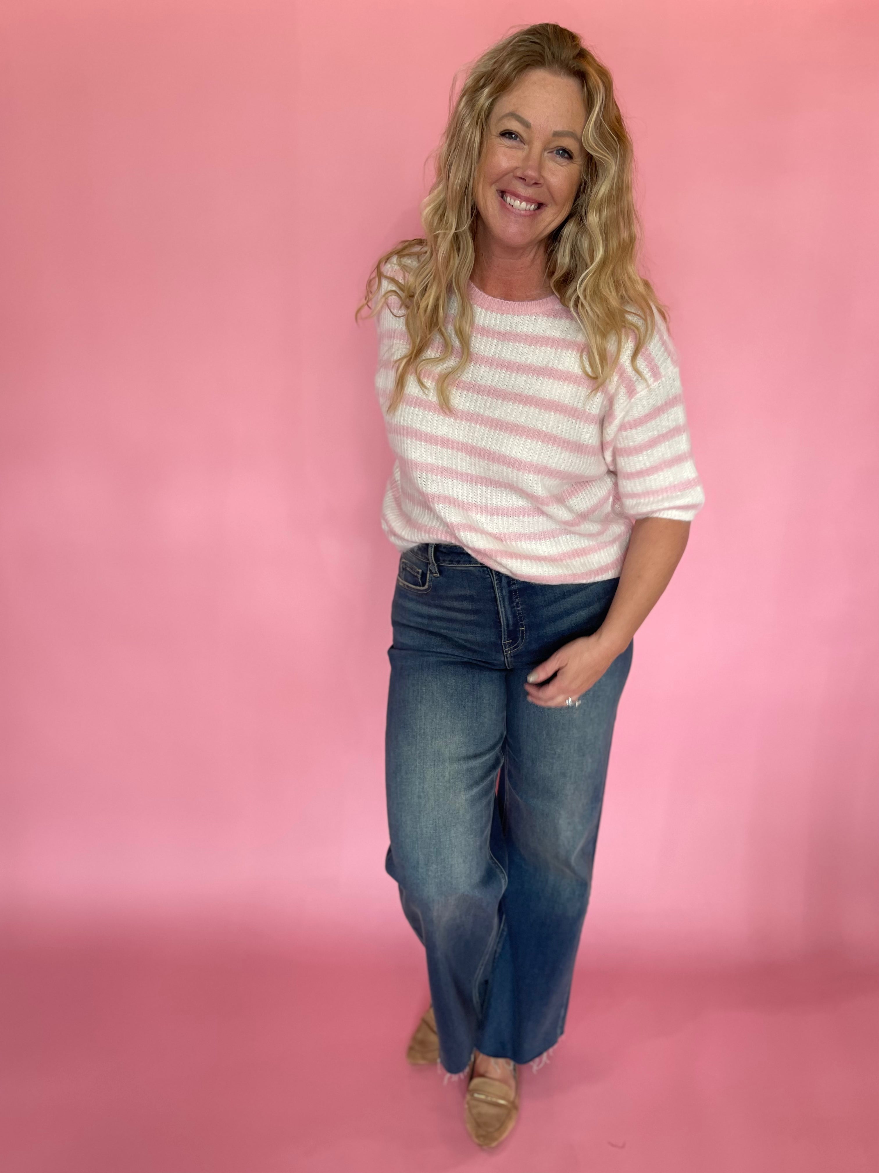 Soft Talk Striped Sweater in Off White & Blush