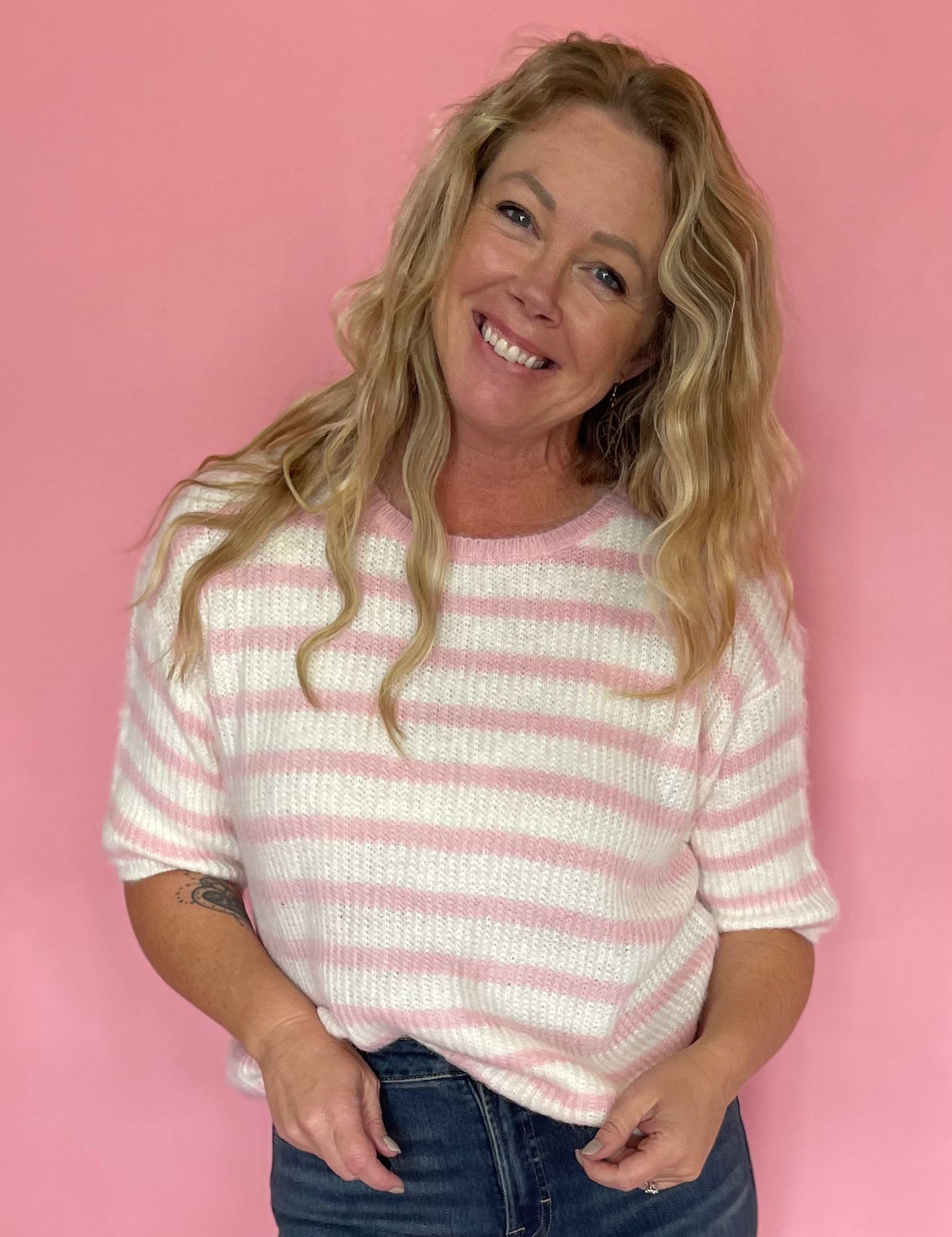 Soft Talk Striped Sweater in Off White & Blush