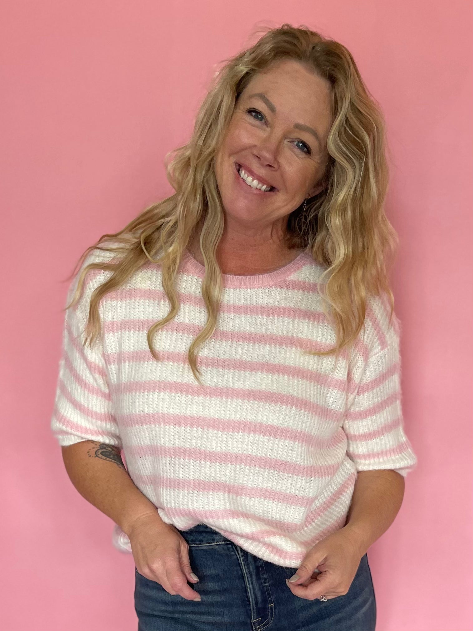 Soft Talk Striped Sweater in Off White & Blush