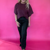 Solid Round Neck Short Sleeve Knit Top in Wine