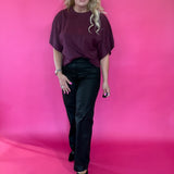 Solid Round Neck Short Sleeve Knit Top in Wine