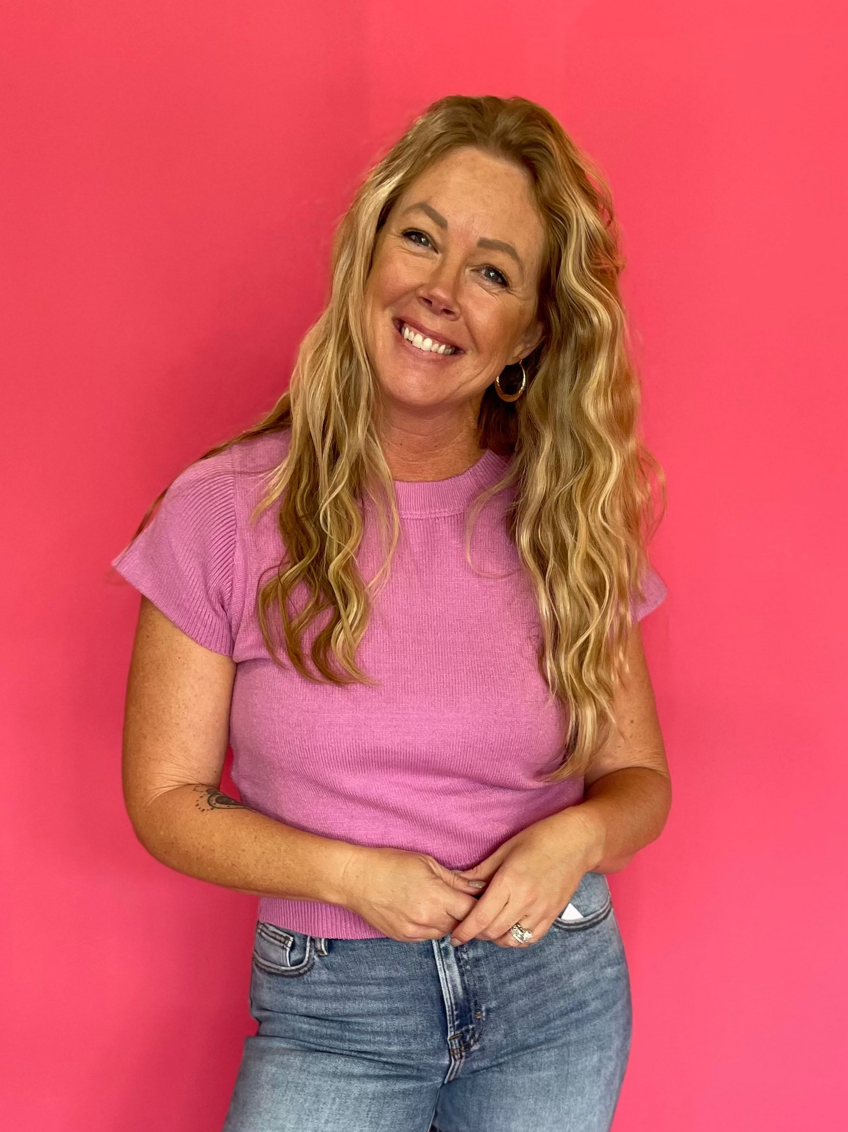 Solid Short Sleeve Knit Top in Mulberry Pink
