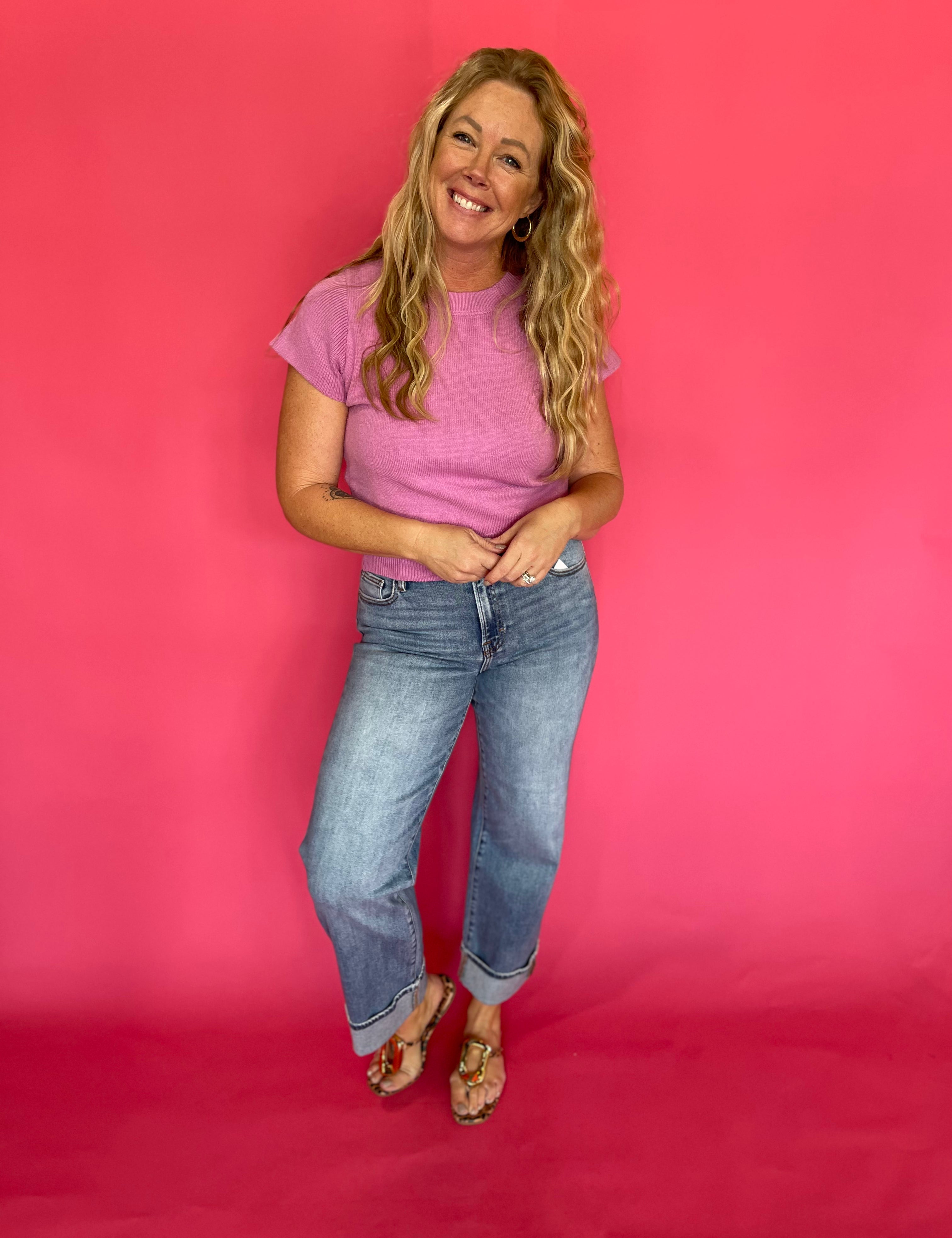 Solid Short Sleeve Knit Top in Mulberry Pink