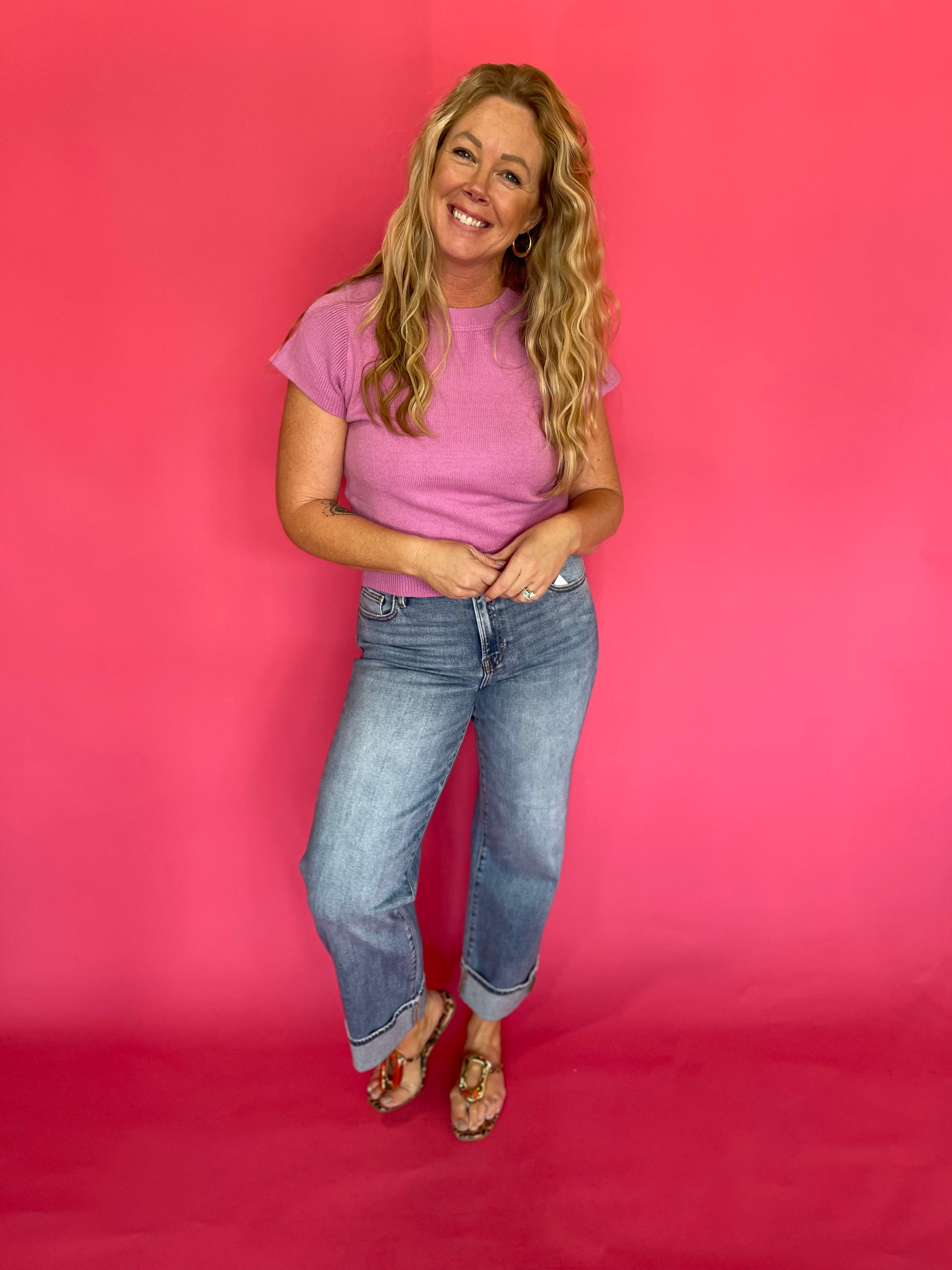 Solid Short Sleeve Knit Top in Mulberry Pink