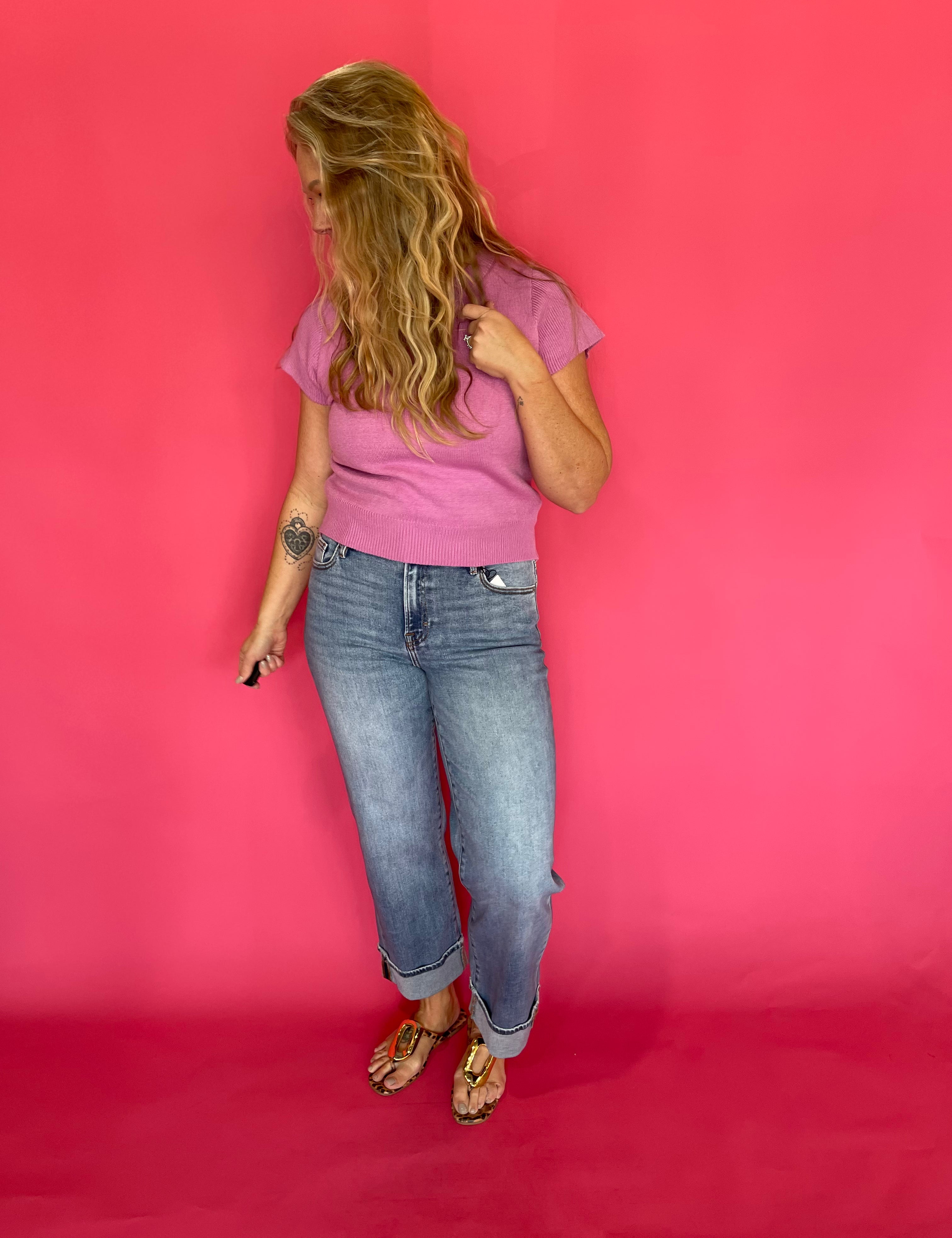 Solid Short Sleeve Knit Top in Mulberry Pink