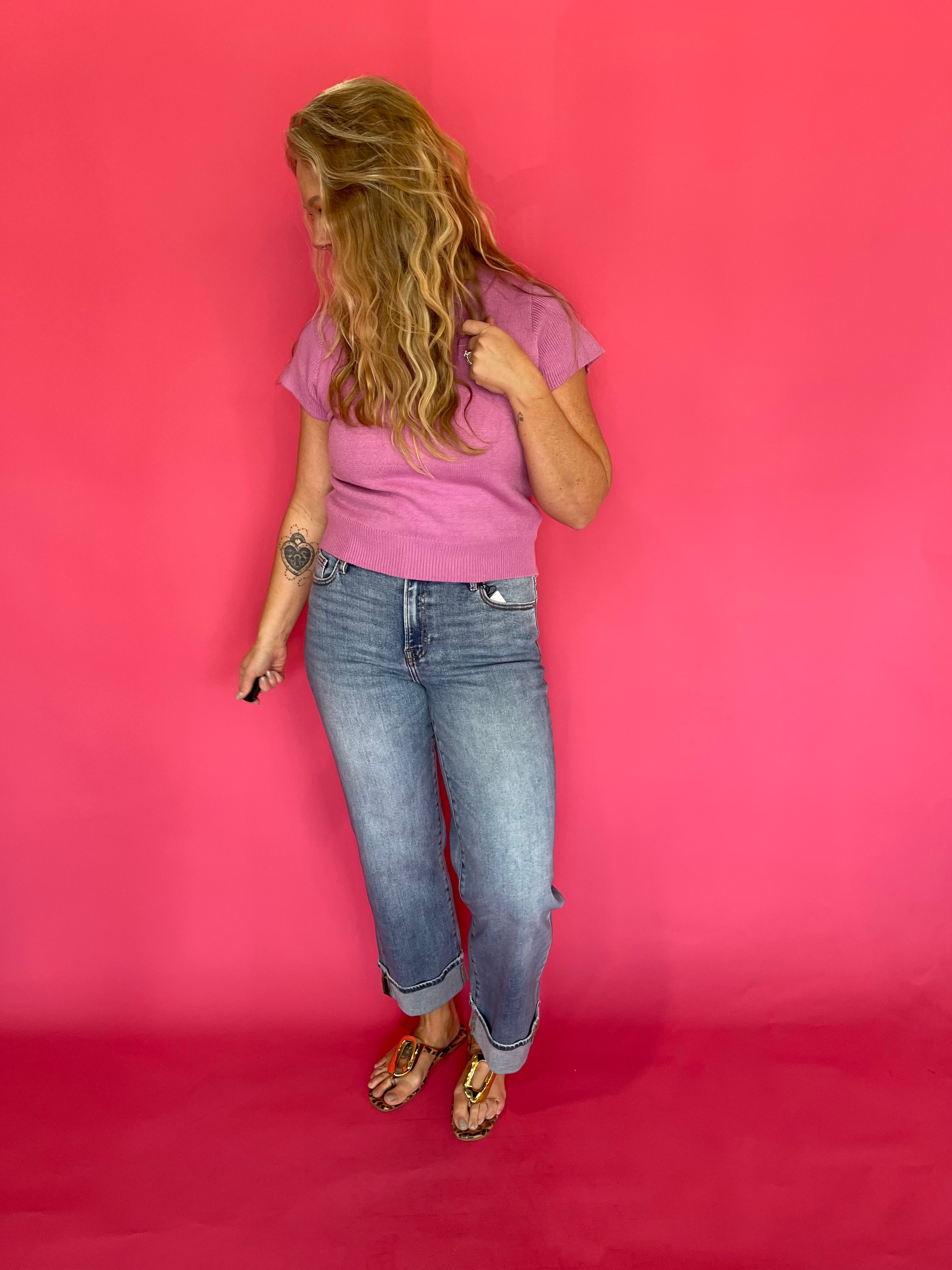 Solid Short Sleeve Knit Top in Mulberry Pink