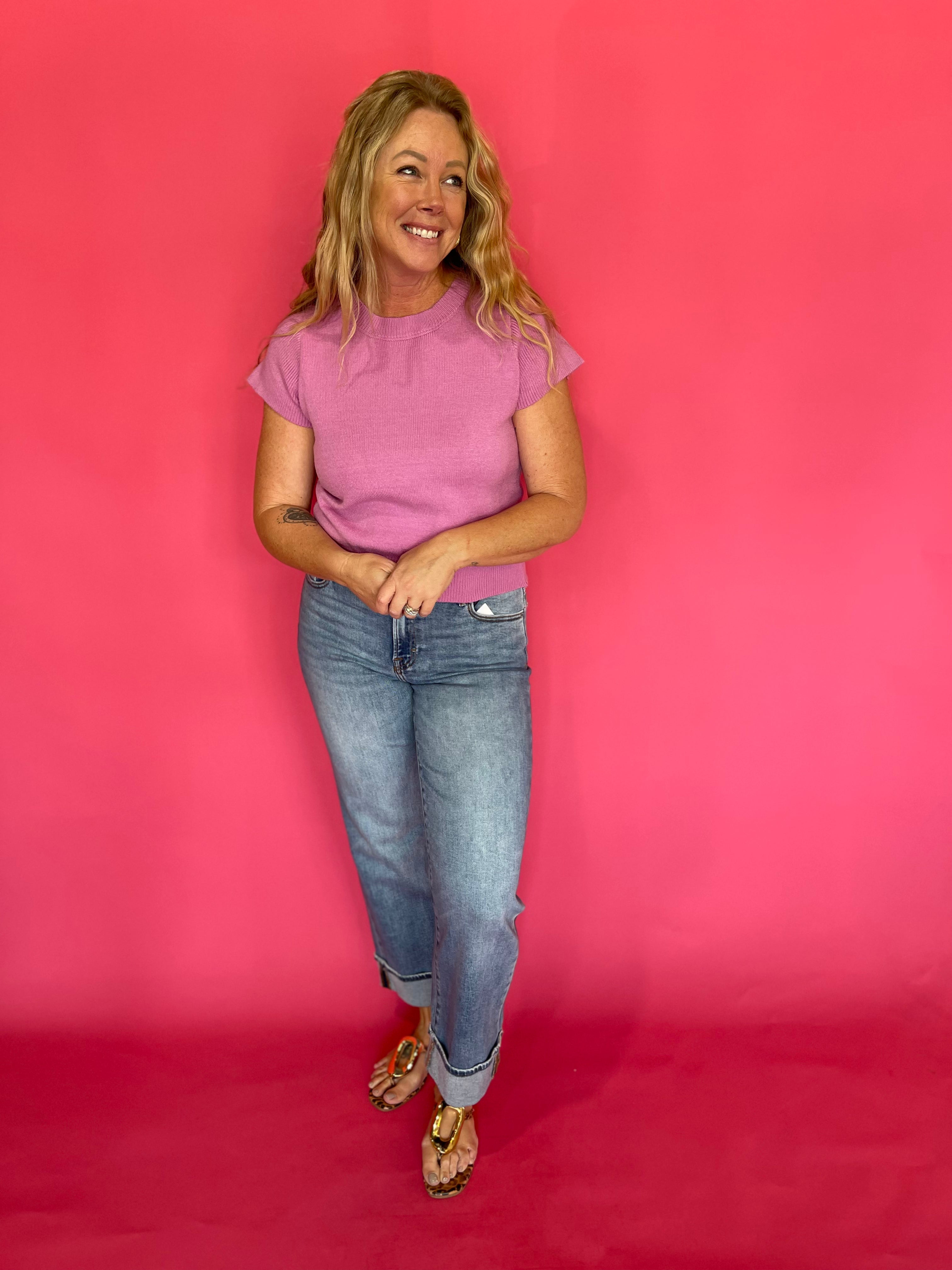 Solid Short Sleeve Knit Top in Mulberry Pink