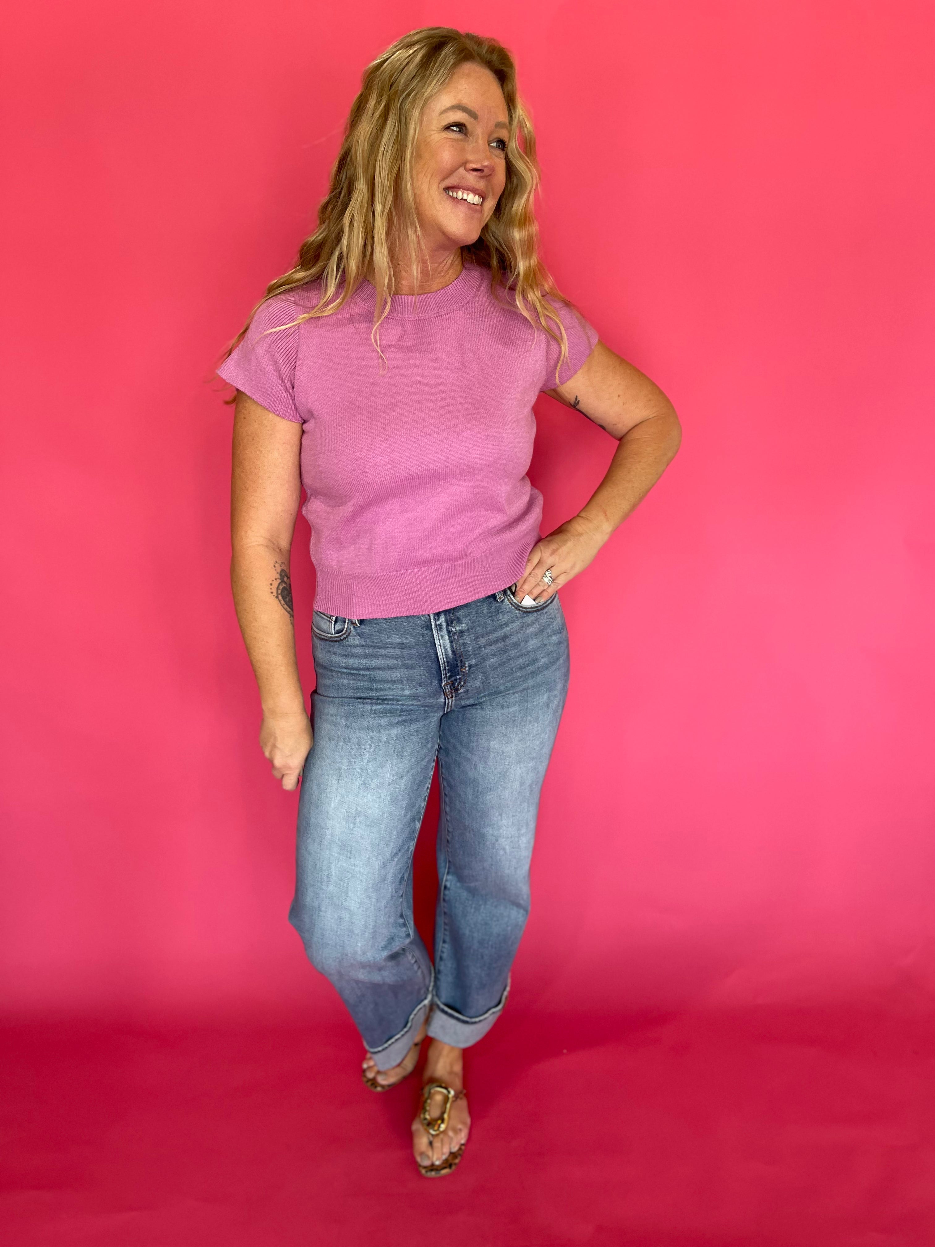 Solid Short Sleeve Knit Top in Mulberry Pink