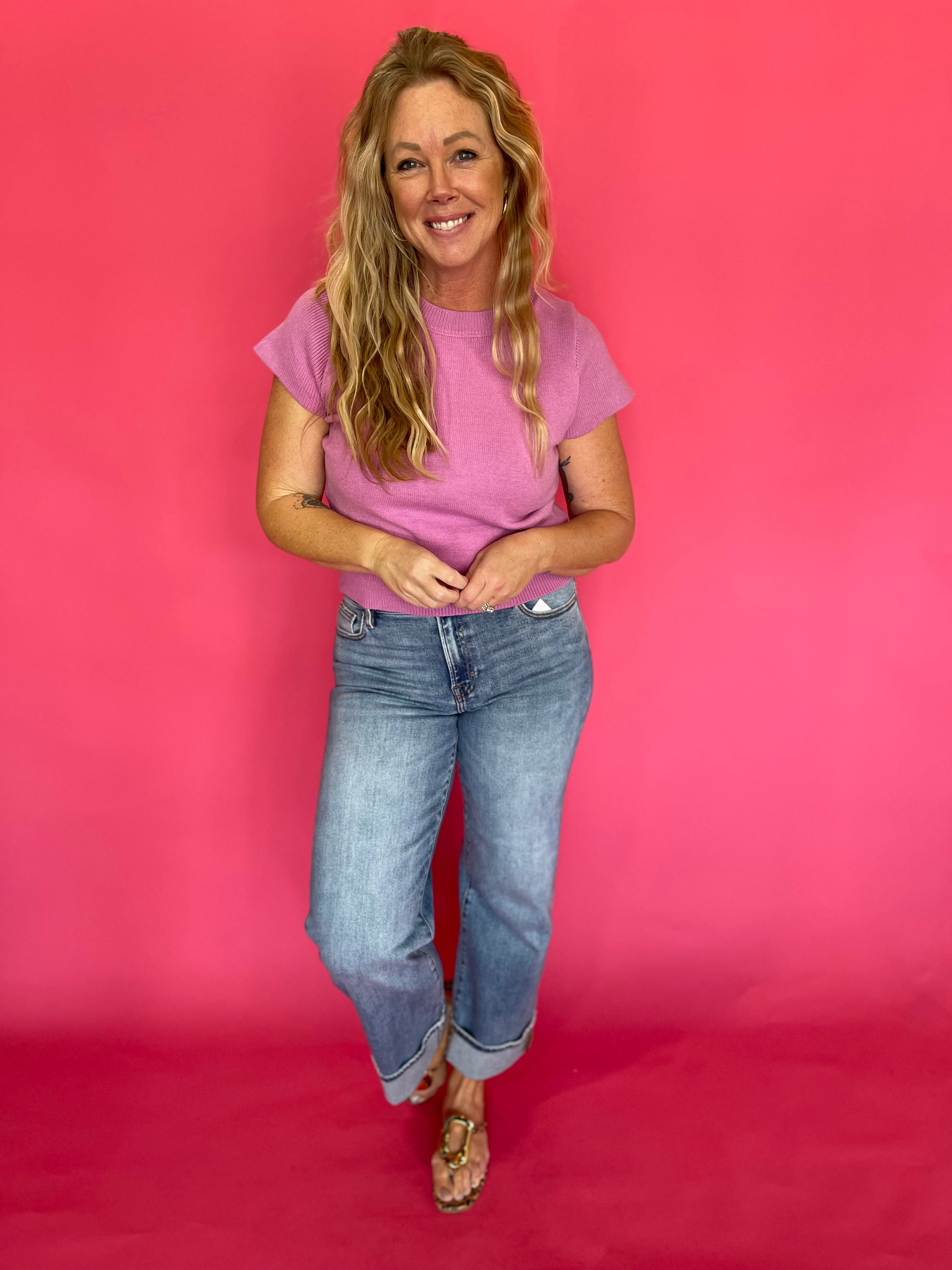 Solid Short Sleeve Knit Top in Mulberry Pink