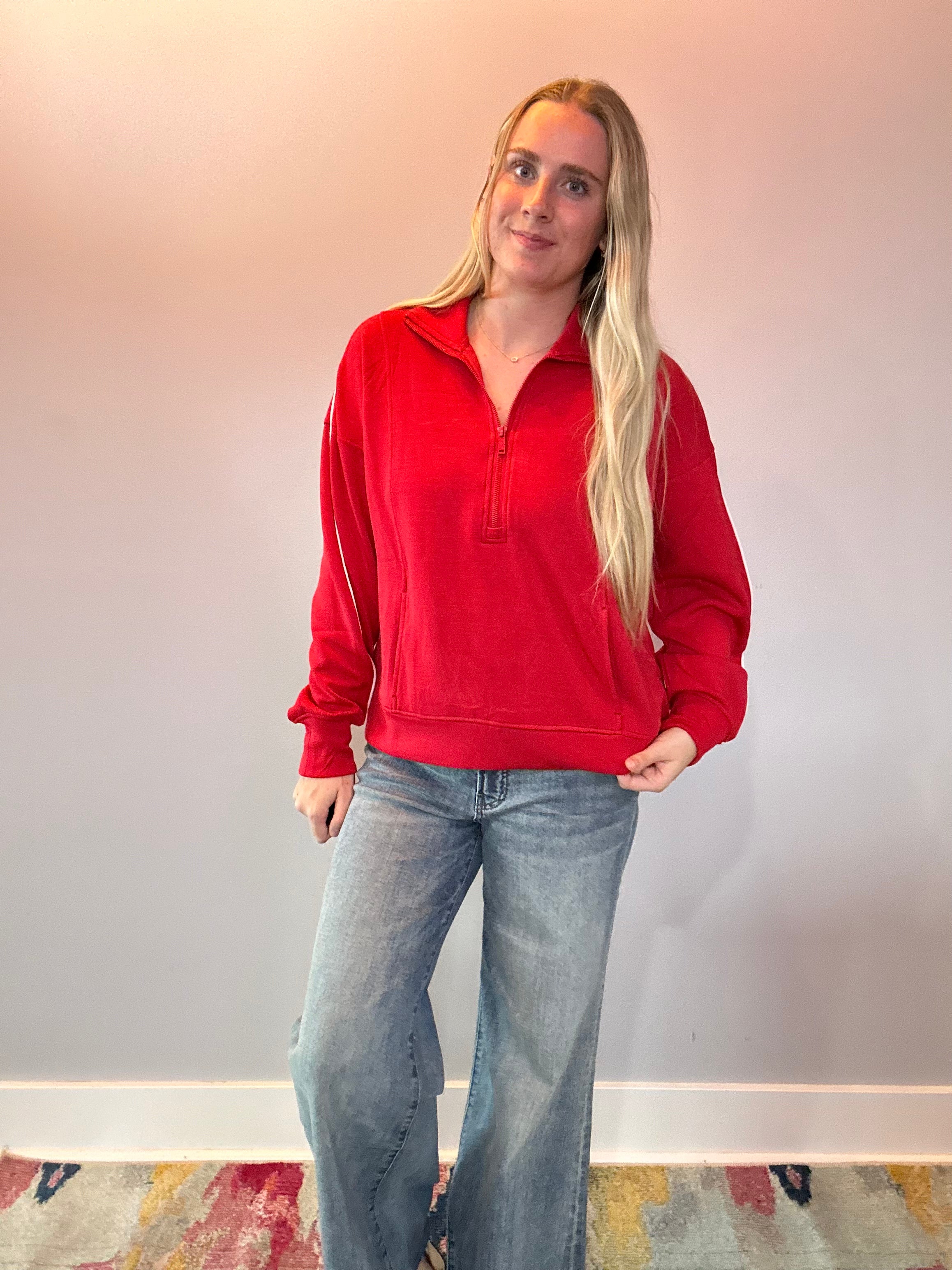 Sport Luxe Scuba Quarter Zip Pullover in Red